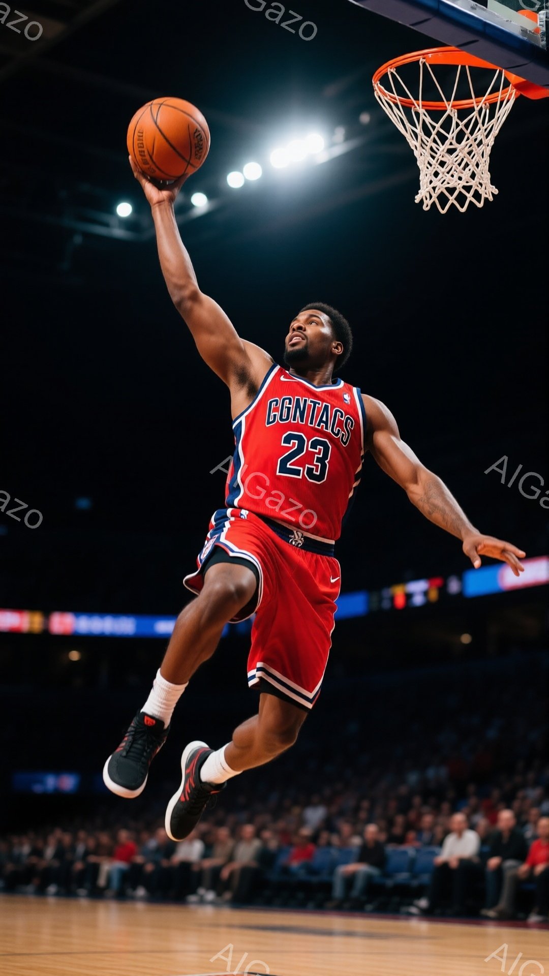 バスケットボール選手が空中高くジャンプし、ダンクシュートを狙っている様子が写っている。赤いユニフォームには「CONG」と背番号「23」が大きくプリントされており、黒いシューズとヘアスタイルは短髪である。背景には観客席が見え、スポーツアリーナの熱気と躍動感が伝わってくる。