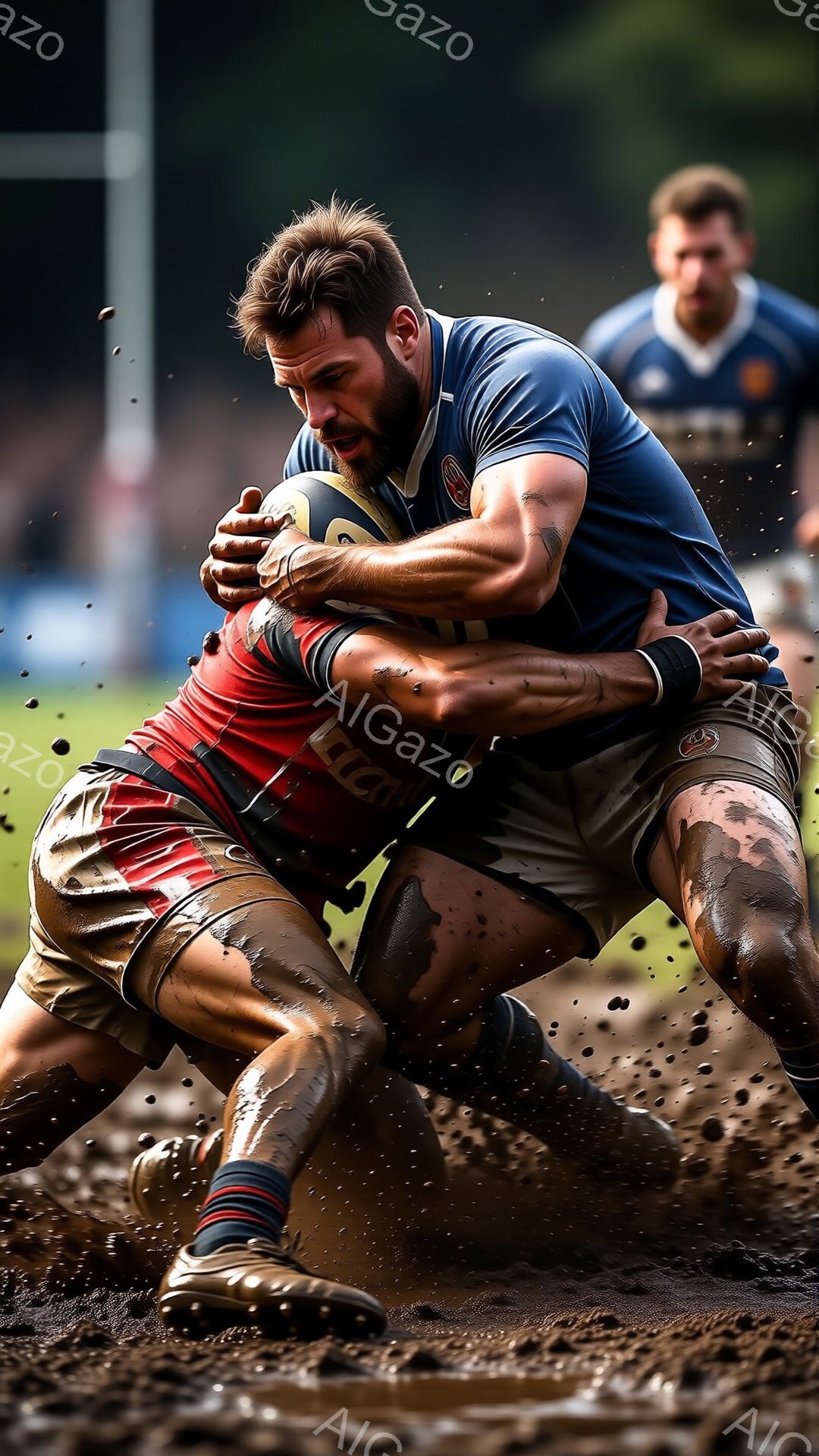 ラグビーの試合中の激しいプレーの一瞬を捉えた写真です。泥だらけの地面で、紺色のジャージを着た選手が、赤いジャージの選手を抱きかかえ、ボールを奪おうとしています。背景には緑の芝生とぼやけた観客席があり、雨上がりで地面がぬかるんでいることがわかります。