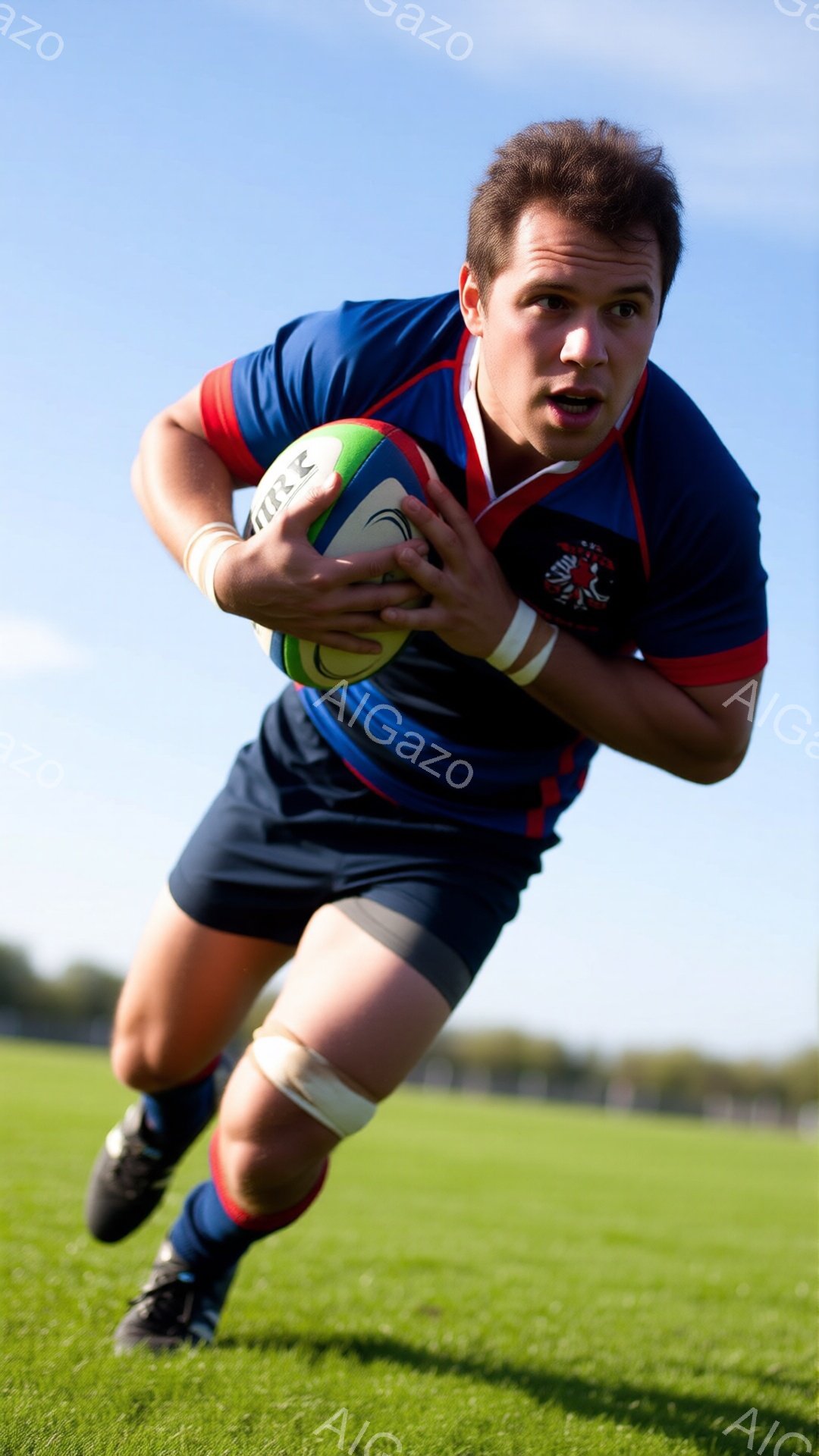 ラグビー選手が緑の芝生の上をボールを持って走っている様子が写っている。彼は紺色と赤のストライプが入ったラグビーシャツと黒いショーツを着用し、額には汗が光っている。背景には青空と緑の木々が見え、晴れた日の活気のあるスポーツシーンを捉えている。