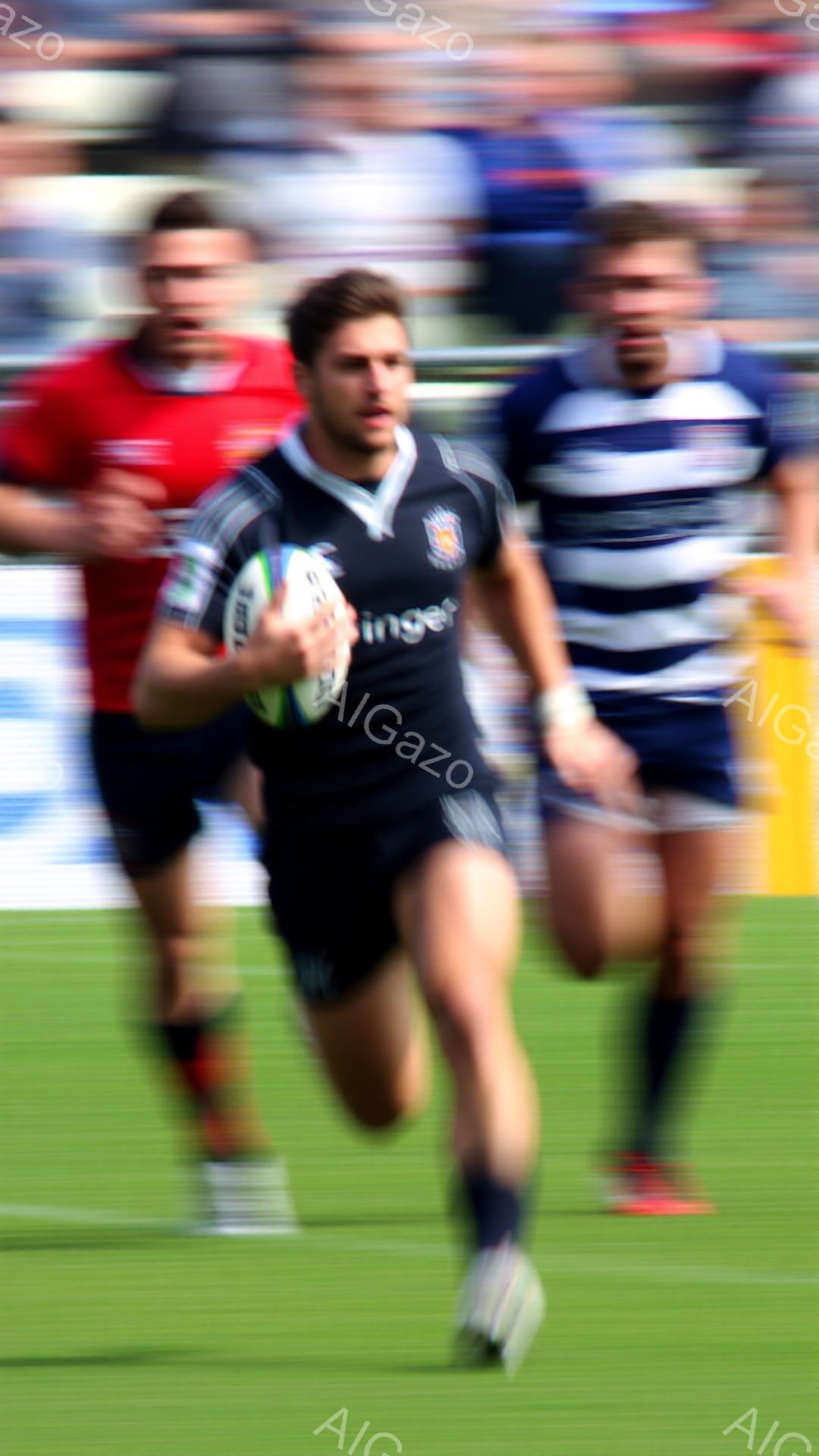 ラグビー選手が緑の芝生の上を全速力で走っている様子が捉えられています。彼は濃い紺色のユニフォームと黒のショーツを着用し、髪は短く整えられています。背景には他の選手やぼやけた観客席が見え、試合の熱気を感じさせます。