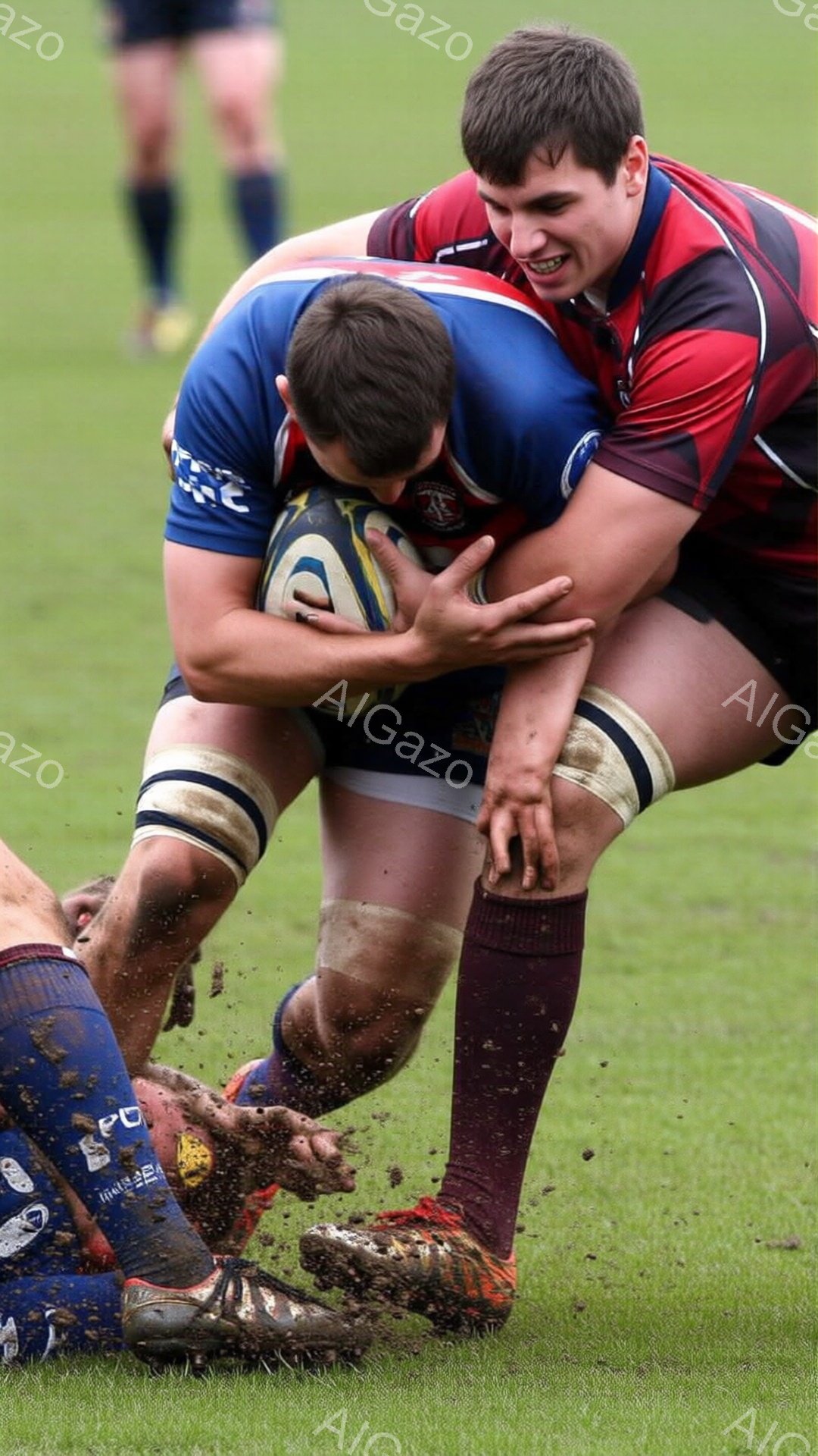 ラグビーの試合中の激しいタックルの一瞬を捉えた写真です。泥だらけの選手が、相手選手を抱きかかえるようにしてタックルしており、両者の表情は真剣そのものです。背景は緑の芝生が広がり、雨上がりのような土の汚れが激しい運動を物語っています。