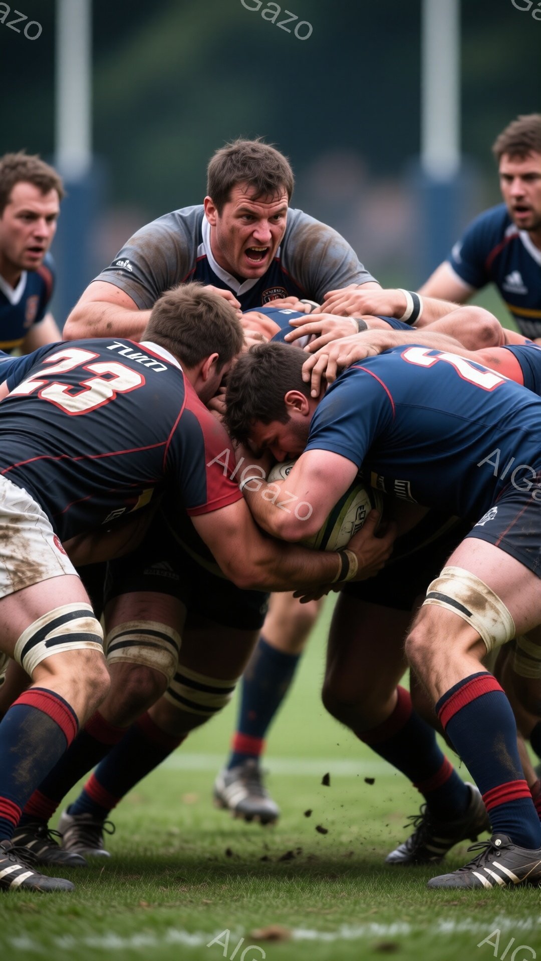 ラグビーのスクラムの様子で、複数の選手が泥だらけの芝生の上で激しく競い合っている。選手たちは紺色と赤色のストライプのユニフォームを着ており、厳しい表情でボールを奪い合っている。背景にはぼやけた建物と緑の自然が見え、雨上がりのような湿った雰囲気が伝わる。