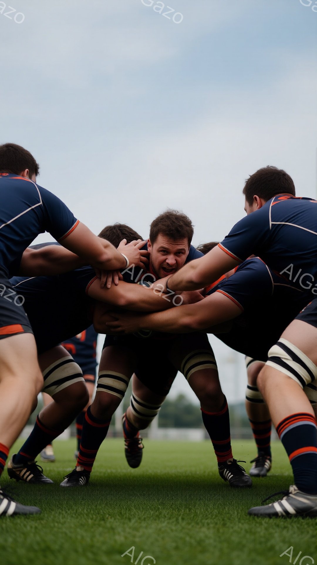 紺色のラグビーシャツと縞模様の靴下を着用した選手たちが、密集したスクラムを組んでいる様子が写っている。中央の選手は苦悶の表情を浮かべ、強いプレッシャーに耐えているように見える。背景には緑の芝生が広がり、遠くにぼんやりと建物が見える晴天の日の試合の雰囲気である。