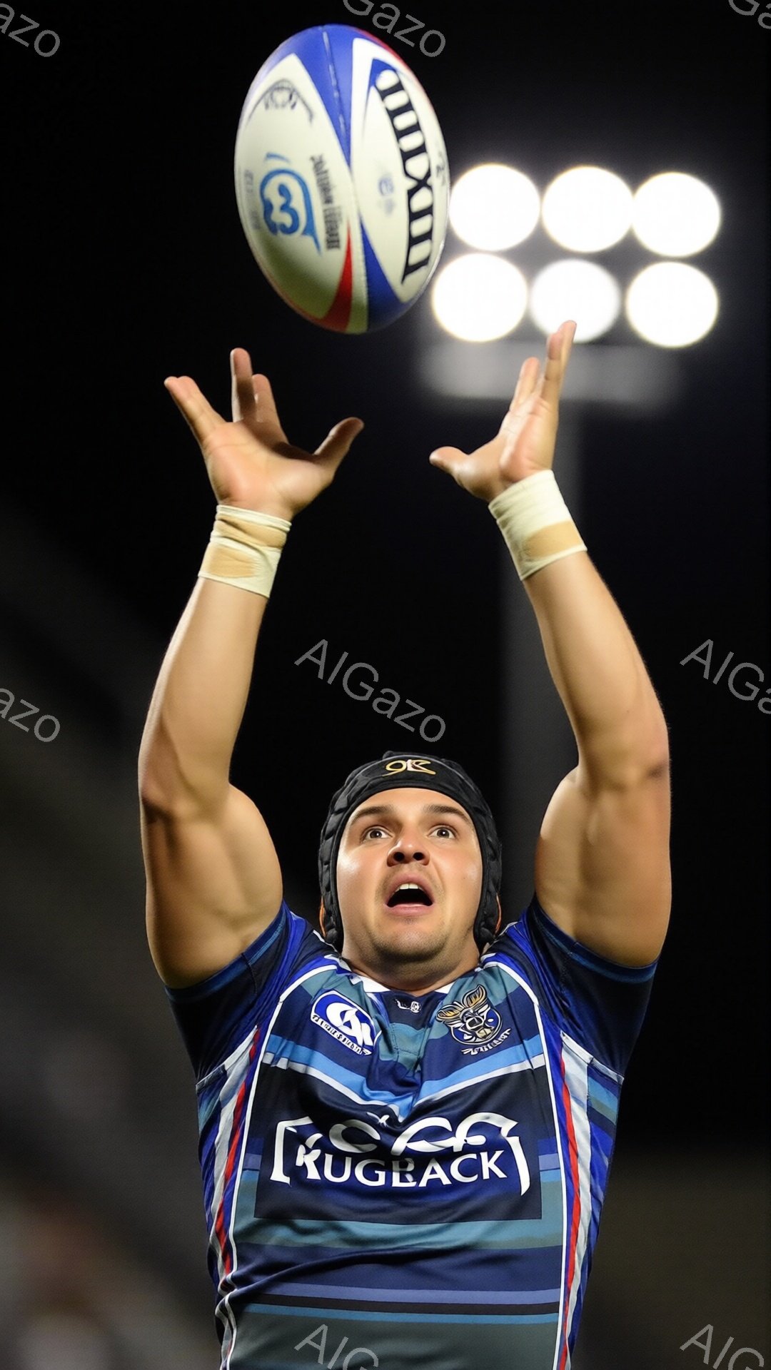 ラグビー選手がジャンプしてボールをキャッチしようとしている瞬間を捉えた写真です。彼は紺色と水色のストライプのユニフォームを着ており、額には汗が光っています。背景は暗く、ぼやけた照明がいくつか見え、競技場の雰囲気を感じさせます。