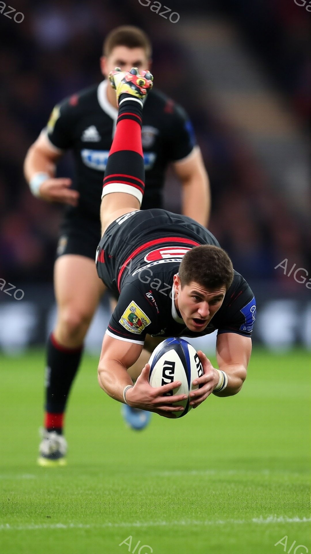 選手が芝生の上でトライを決めようとしており、ボールを両手で抱えながら体を前に倒しています。彼は黒と赤のストライプのユニフォーム、短髪、そして集中した表情をしています。背景には他の選手がぼやけており、鮮やかな緑の芝生と、曇り空の下での試合が行われていることがわかります。