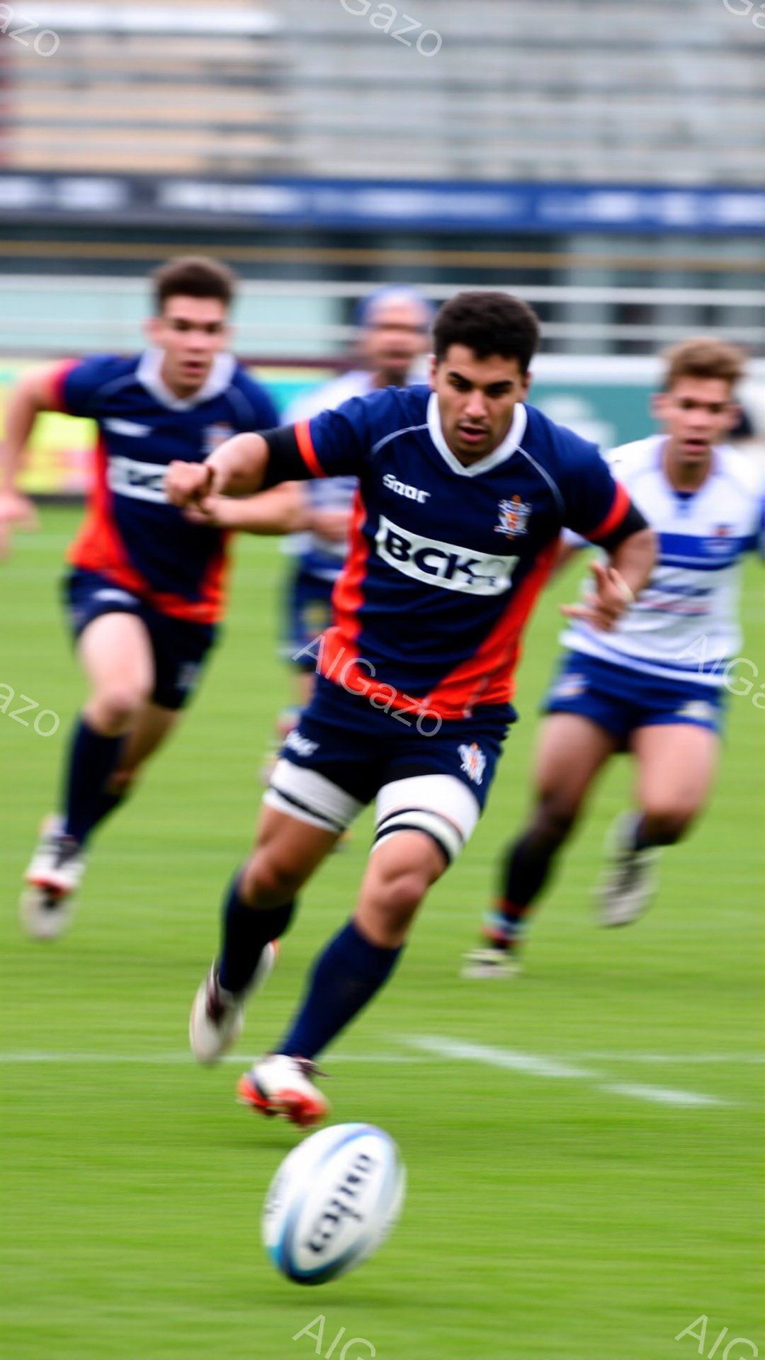 ラグビーの試合中の様子で、黒と赤のストライプのユニフォームを着た選手がボールを持って走り、スピード感を表現している。彼の髪は短く、表情は真剣で、集中してボール運びをしている様子が伝わる。背景には緑の芝生とぼやけた観客席があり、晴れた日の屋外での試合の活気を感じさせる。