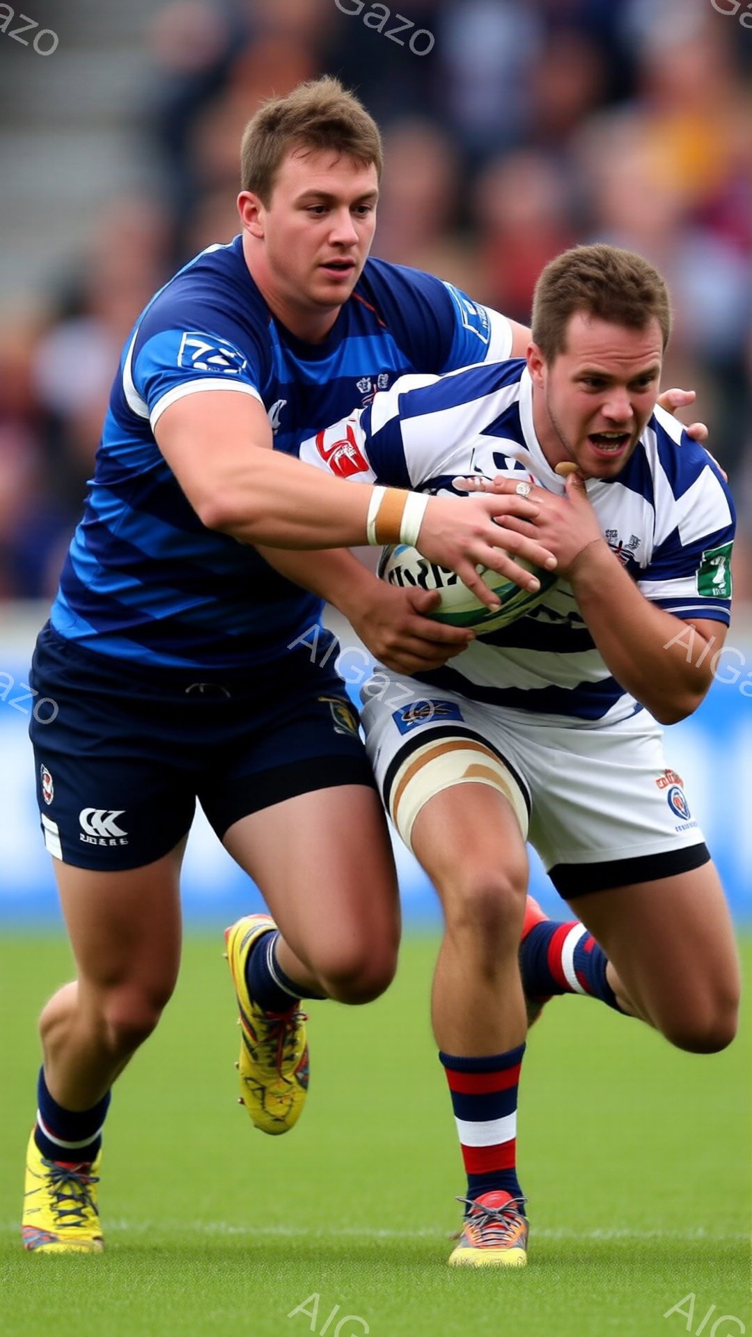 ラグビーの試合中の様子で、青色のユニフォームを着た選手が、白と赤のストライプのユニフォームを着た選手をタックルしようとしています。両選手とも短髪で、厳しい表情を浮かべています。背景は緑の芝生で、ぼやけた観客席が見え、晴天の屋外での試合が行われていることがわかります。