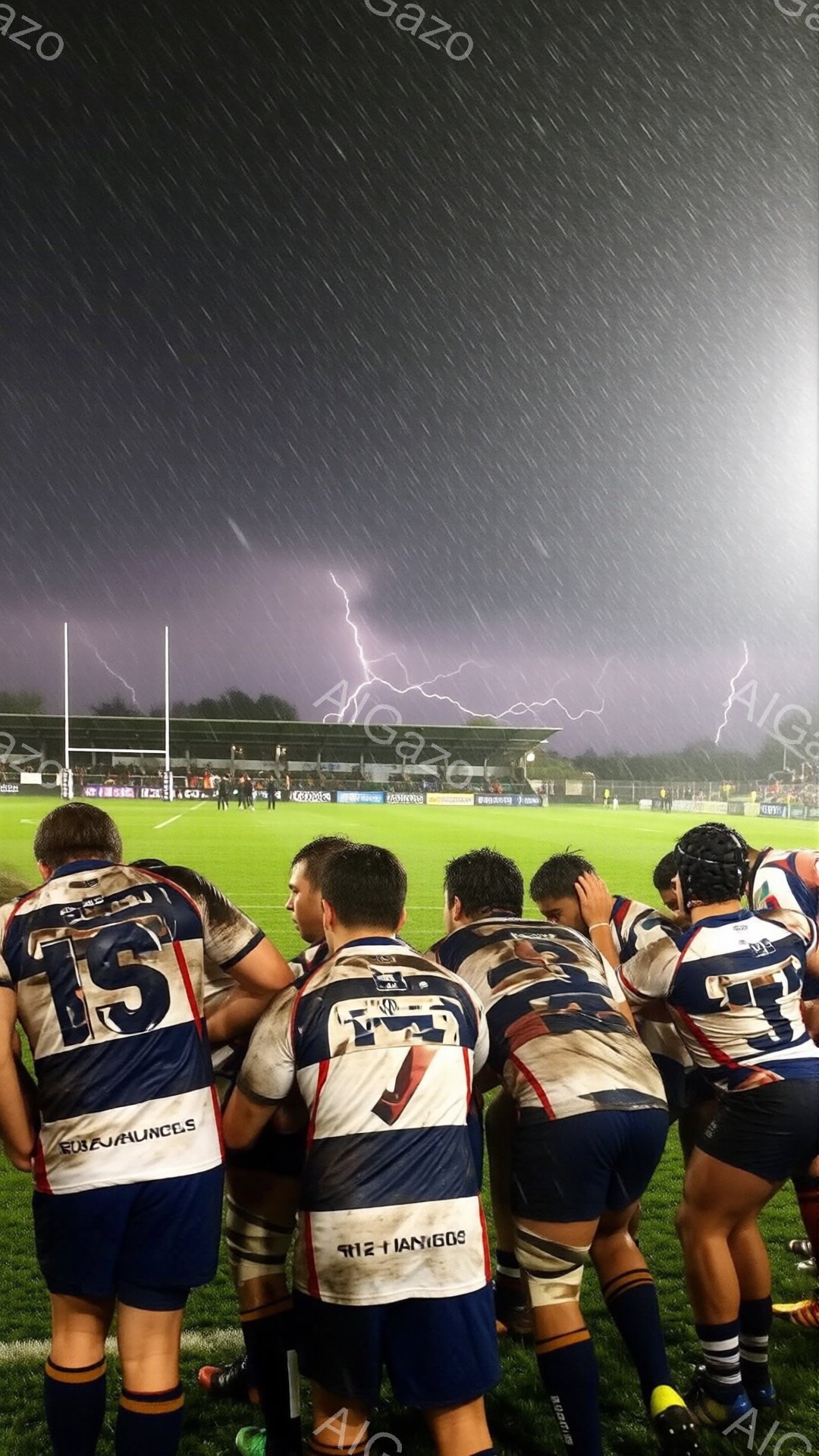 ラグビー選手たちが円陣を組み、膝をついて互いに向き合っています。彼らは紺色と赤のストライプが入ったユニフォームを着用し、頭には紺色のヘッドギアを付けています。背景には緑の芝生、観客席、そして雷光が走る激しい雨の夜空が広がっており、緊張感と決意に満ちた雰囲気が漂っています。