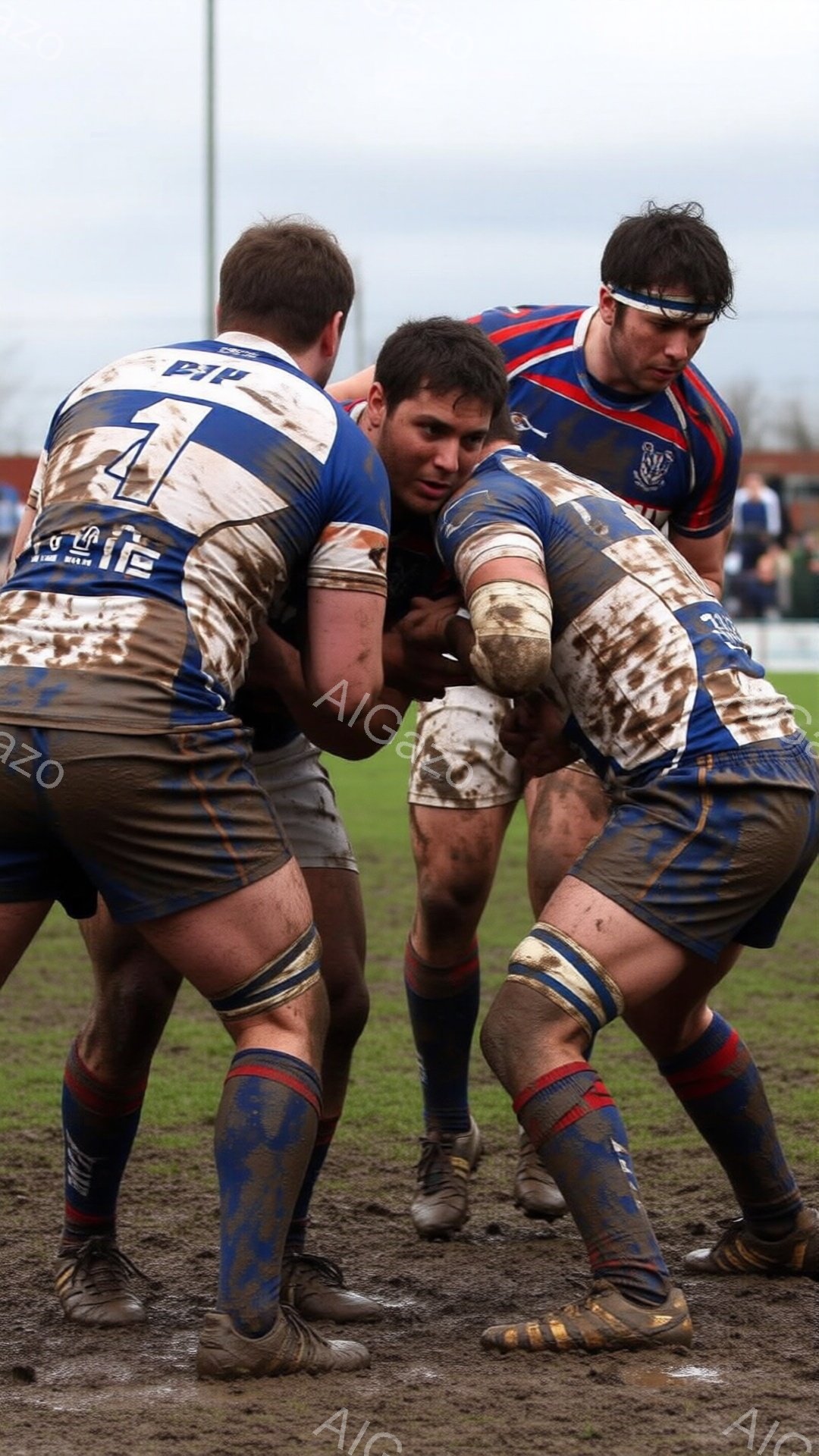 泥だらけのラグビー選手たちが激しいタックル合戦を繰り広げている様子が写されている。選手たちは皆、泥にまみれたユニフォームとストッキングを着用し、厳しい戦いの激しさを物語っている。背景にはぼやけた観客席と曇天の空が広がっており、全体的に雨上がりの試合の厳しい雰囲気を伝えている。