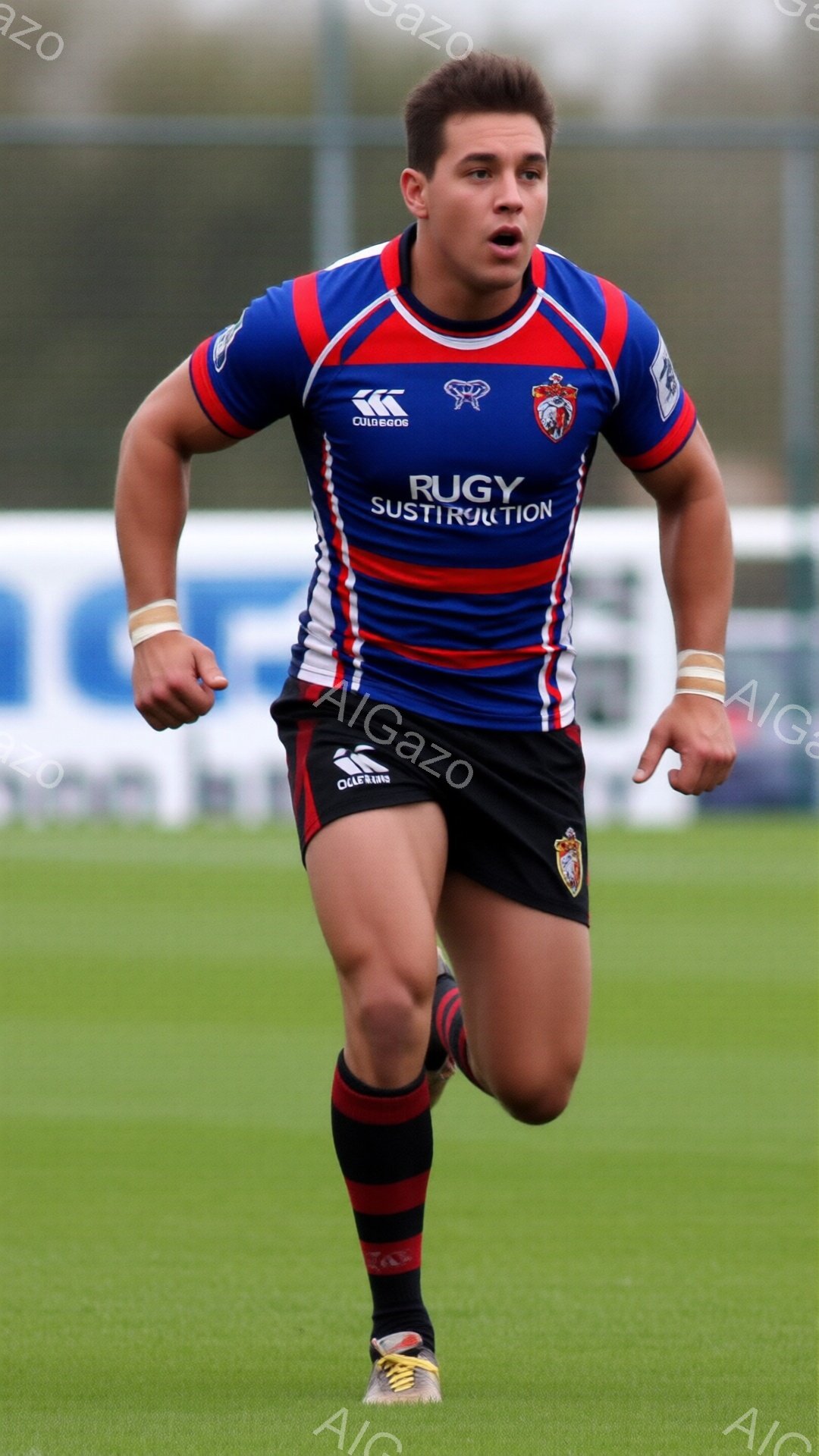 ラグビー選手と思われる男性が、緑の芝生の上を走っている様子が写っている。彼は、赤、紺、白のストライプが入ったラグビーシャツと黒いショーツ、赤いソックス、そして黄色のスパイクを履いている。彼の表情は真剣で、筋肉質な体格が際立っており、競技に集中している様子が伺える。