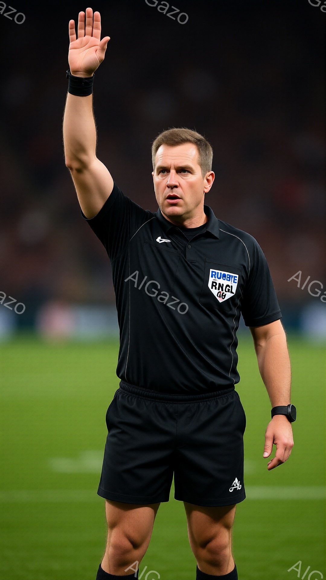 黒いラグビー審判員が、緑色の芝生の上に立っている。彼は黒い短パンとポロシャツを着ており、左腕には腕時計、右腕は高く上げて信号を送っている。背景は暗く、競技場のスタンド席がぼんやりと見える。