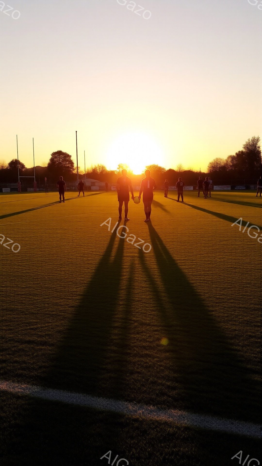 芝生のグラウンドで、二人の人物が夕日に向かって歩いているシルエットが印象的な画像です。彼らは暗い色の服装で、互いに手を繋ぎ、後ろには他の人物やゴールポストが見えます。夕焼け空はオレンジ色と黄色で染まり、全体的に穏やかでノスタルジックな雰囲気を醸し出しています。