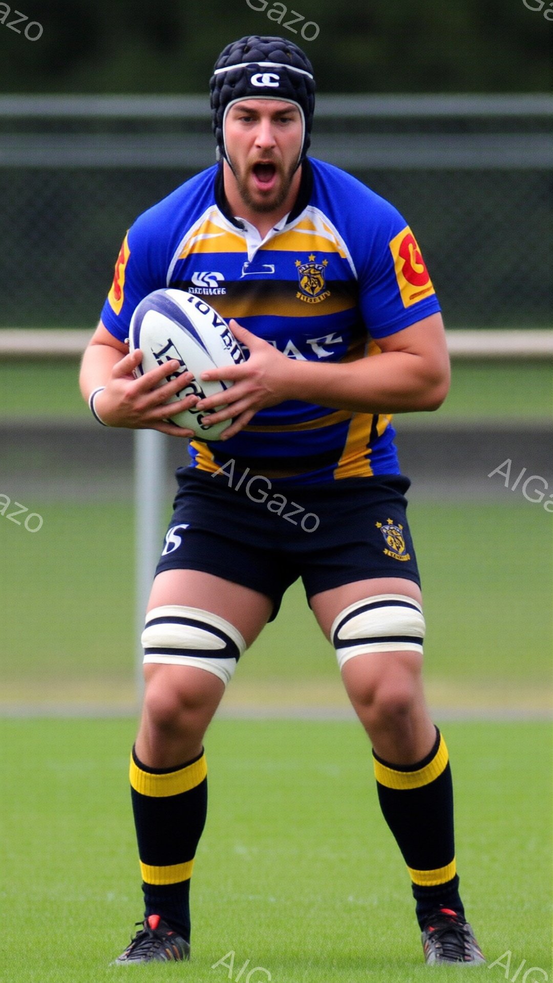 紺と金色のラグビーユニフォームを着た男性が、緑色の芝生の上に立っている。彼は膝を曲げ、両手でラグビーボールを抱え、口を開けて何かを叫んでいるような表情をしている。背景には緑豊かな木々が見え、晴れた日の屋外で試合または練習をしている様子が窺える。