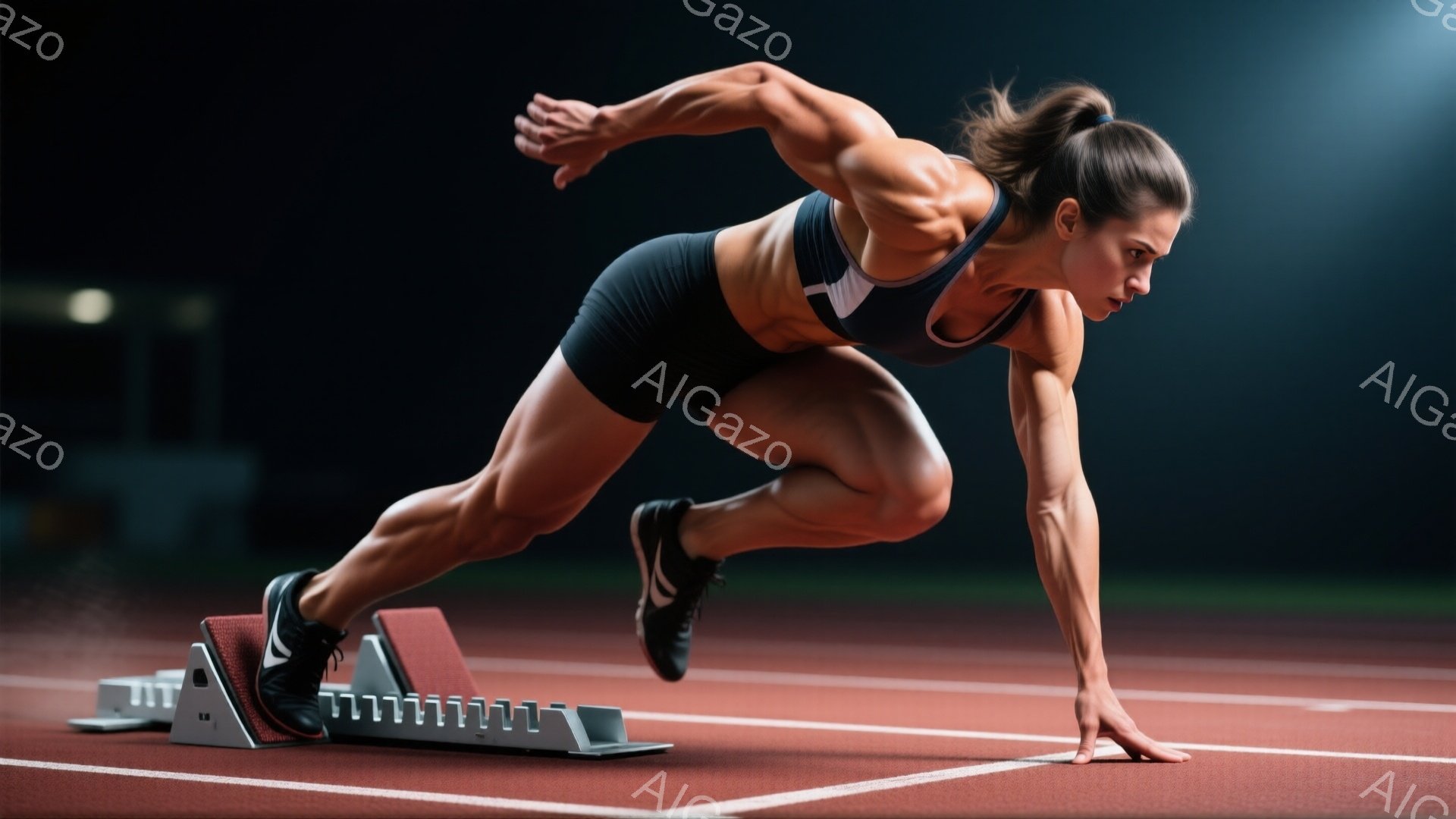 競技場のトラックにいる女性ランナーが、スタートダッシュの姿勢を取っている。彼女は黒いスポーツブラとショーツを着用し、髪は後ろで高く結んでいる。集中した表情で、力強く地面を蹴り出す準備をしている様子が伺える。