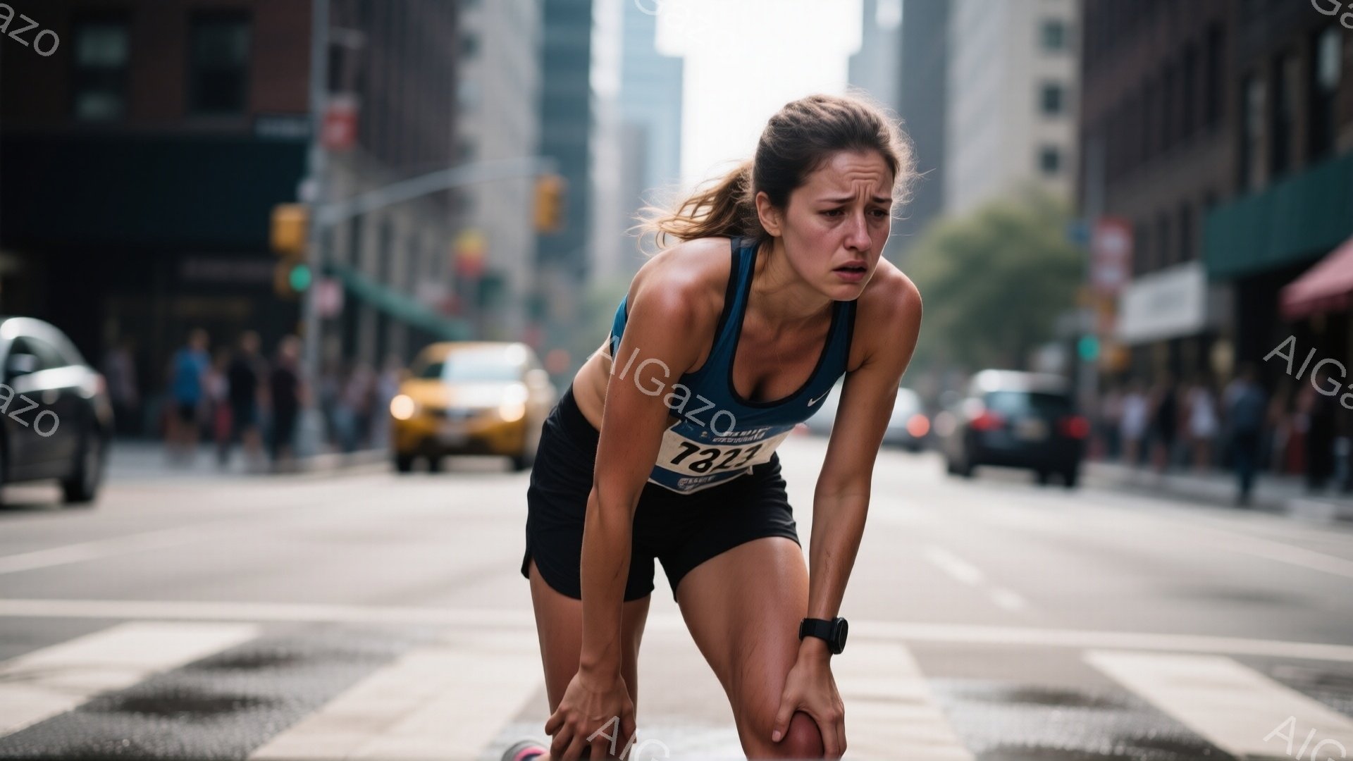 競技ランナーの女性が、アスファルトの道路に膝をついて疲労困憊している様子が写っている。彼女は黒のランニングショーツと青いタンクトップを着ており、脚には競走用の番号「7326」が付けられている。背景には高層ビルが立ち並び、他のランナーやタクシーが見えることから、都市部でのマラソン大会の最中であることがわかる。