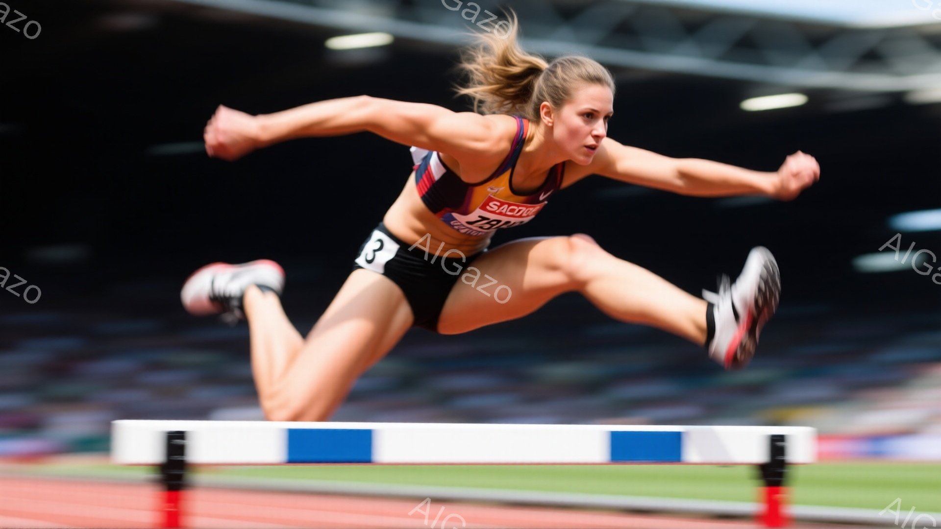 競技場でハードルを飛び越える女性アスリートが写っている。彼女は黒のショートパンツと赤いタンクトップを着ており、髪はポニーテールに結ばれている。力強い表情で、体がハードルをクリアするために大きく反っており、競技場のトラックが背景に見える。