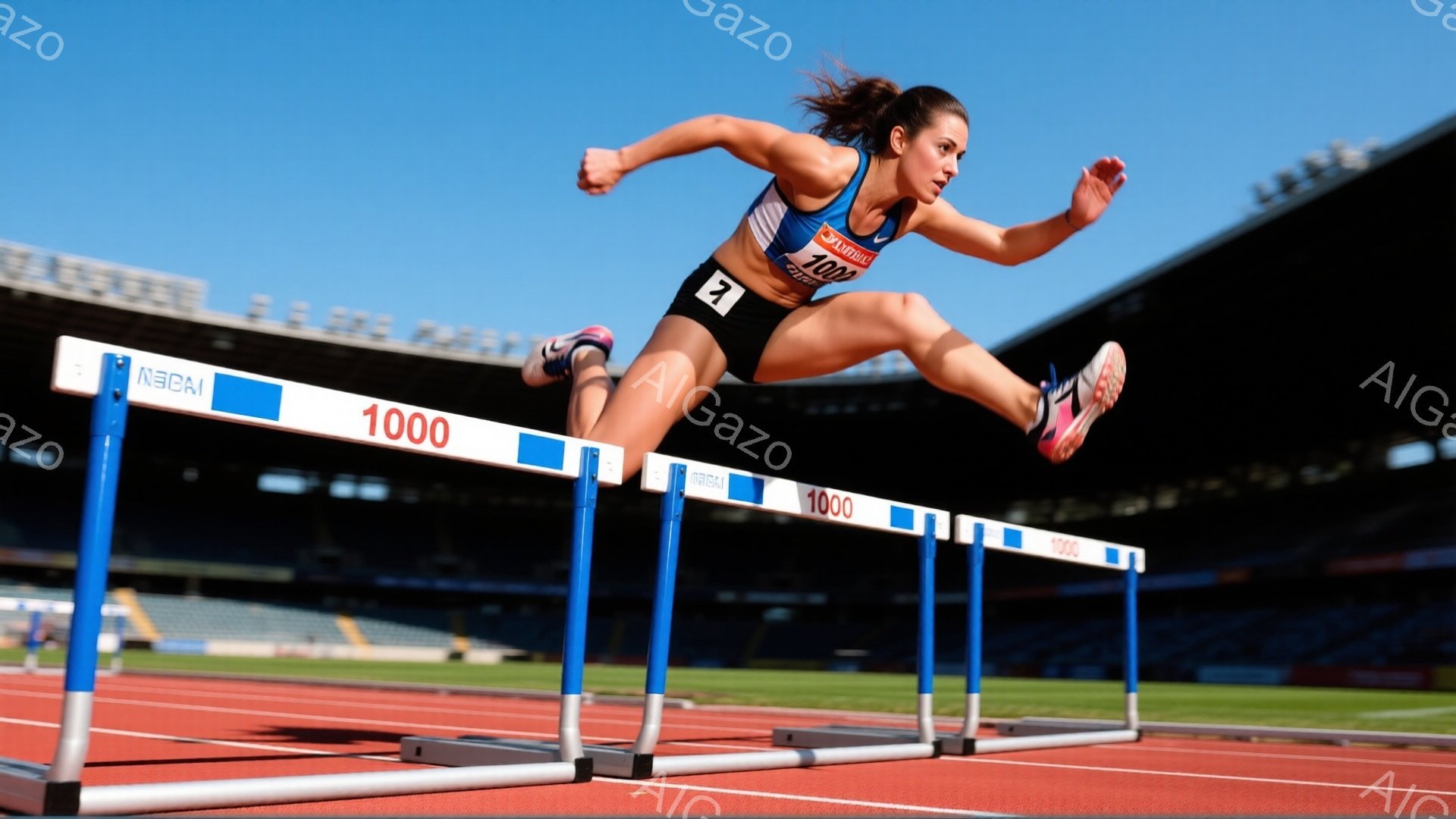青い陸上競技ウェアと黒いショーツを着用した女性が、高いハードルを飛び越えています。彼女は髪をポニーテールにし、集中した表情で、力強く前へ進む姿勢を見せています。背景には観客席と青空が広がり、晴れた日の競技場の活気ある雰囲気が伝わってきます。