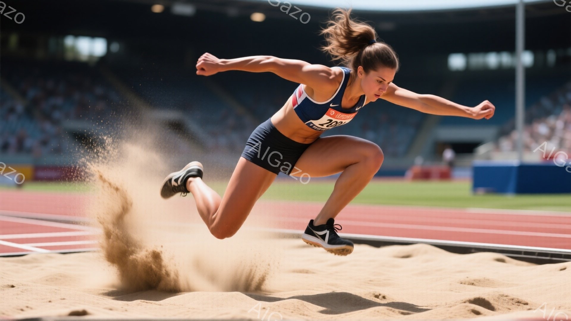 長い茶色の髪をポニーテールにした女性競技者が、砂場に飛び込む瞬間を捉えた写真です。彼女は青と赤の競技用ユニフォームを身に着け、集中した表情で足を高く上げています。背景には、観客席と青空が見え、晴れた日の競技場の活気ある雰囲気が伝わってきます。