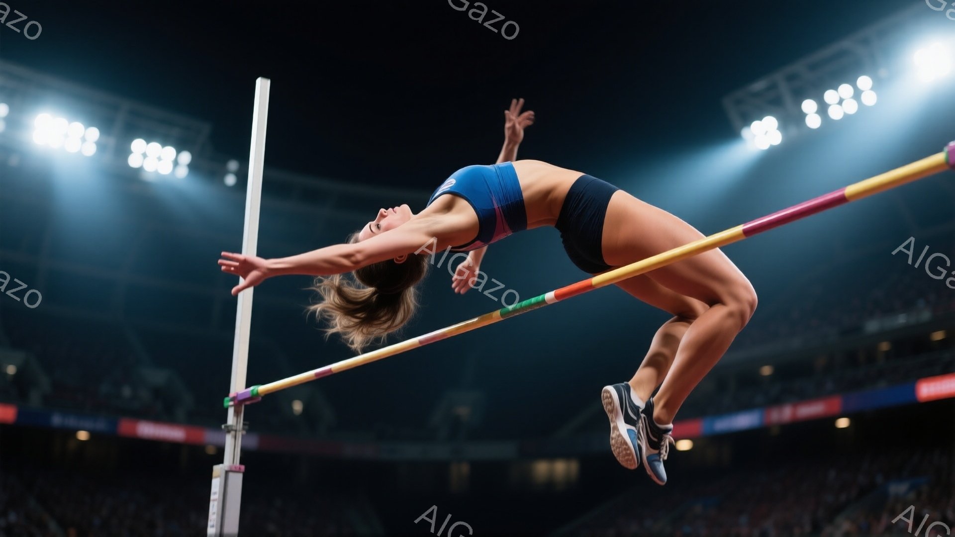 女性競技者は、高跳びの最中に空中で体を反らせ、バーを越えようとしています。彼女は青いスポーツブラと黒いショーツを着用し、髪は後ろでまとめたポニーテールです。背景には観客席と照明があり、競技場の活気ある雰囲気を醸し出しています。