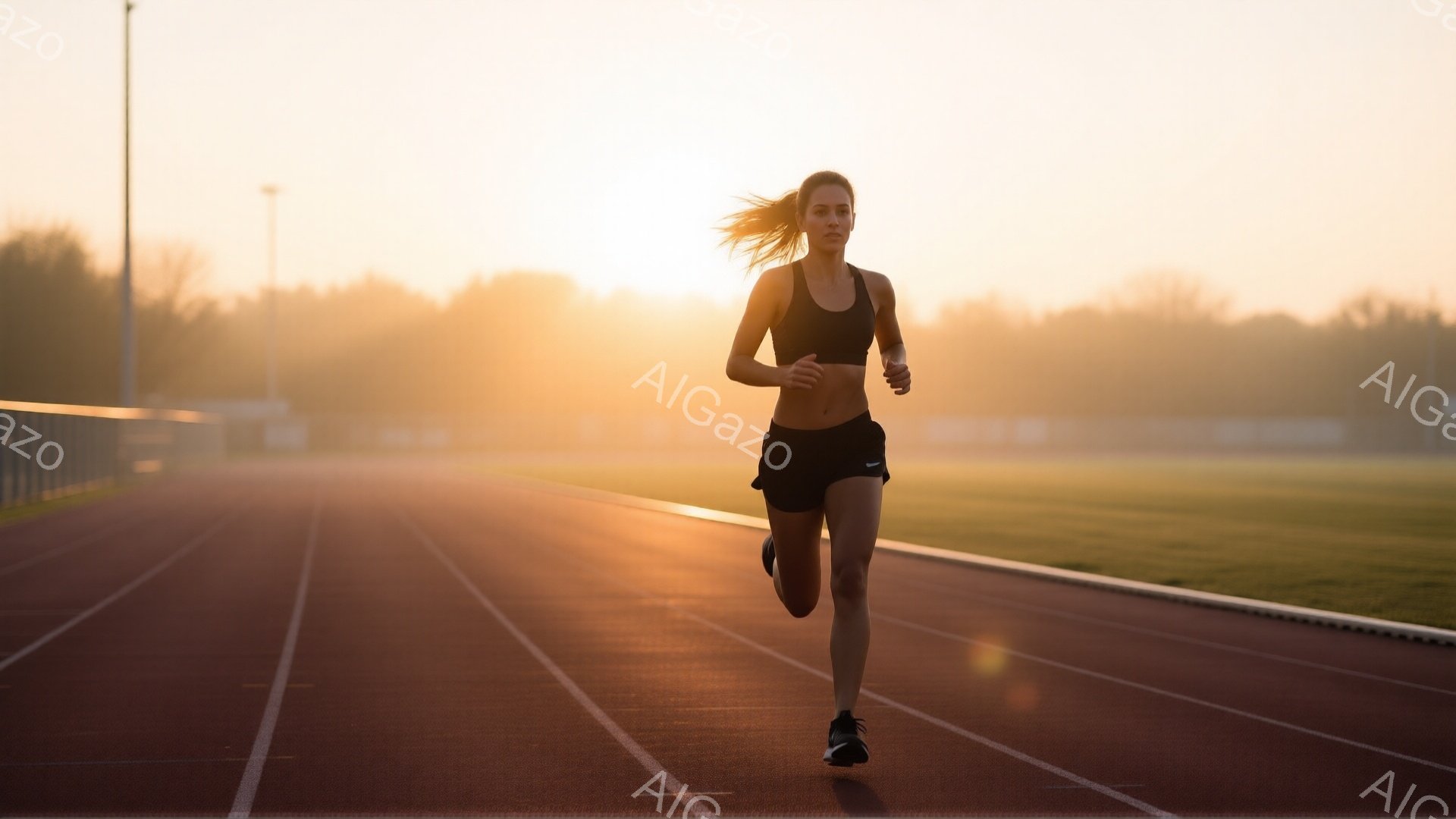 一人の女性が陸上競技場のトラックを走っている。彼女は黒のスポーツブラとショートパンツを着用し、髪は後ろでポニーテールにまとめられている。背景には、朝焼けの空とぼやけた緑の風景が広がり、全体的に活気があり、健康的な雰囲気を醸し出している。