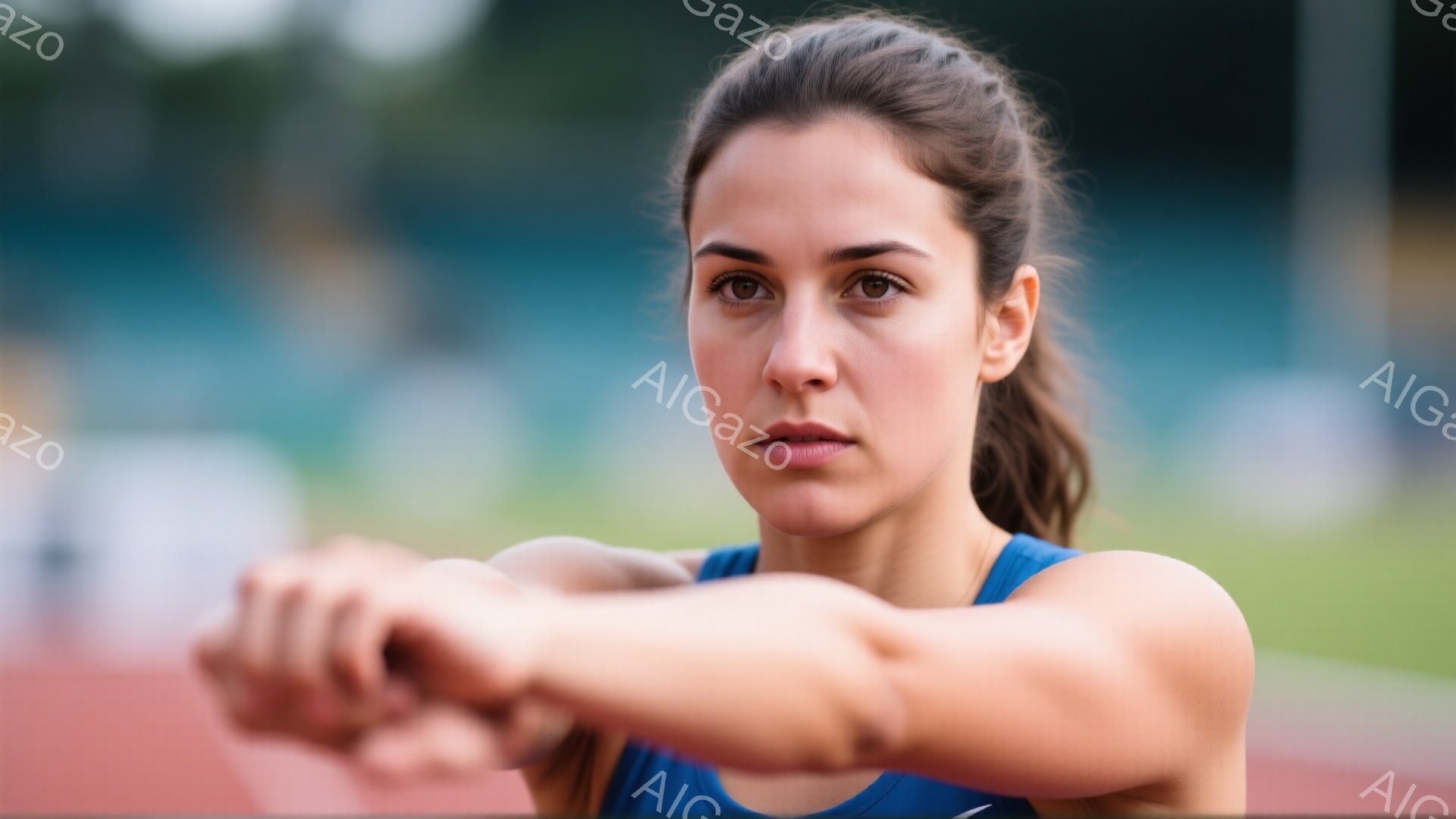 若い女性が競技トラック上でストレッチをしている。彼女は青いタンクトップと黒いショーツを着用し、髪をポニーテールにまとめていて、真剣な表情をしている。背景には、ぼやけた緑の植生とトラックの赤いレーンが見え、晴れた日の活気あるスポーツの雰囲気を感じさせる。