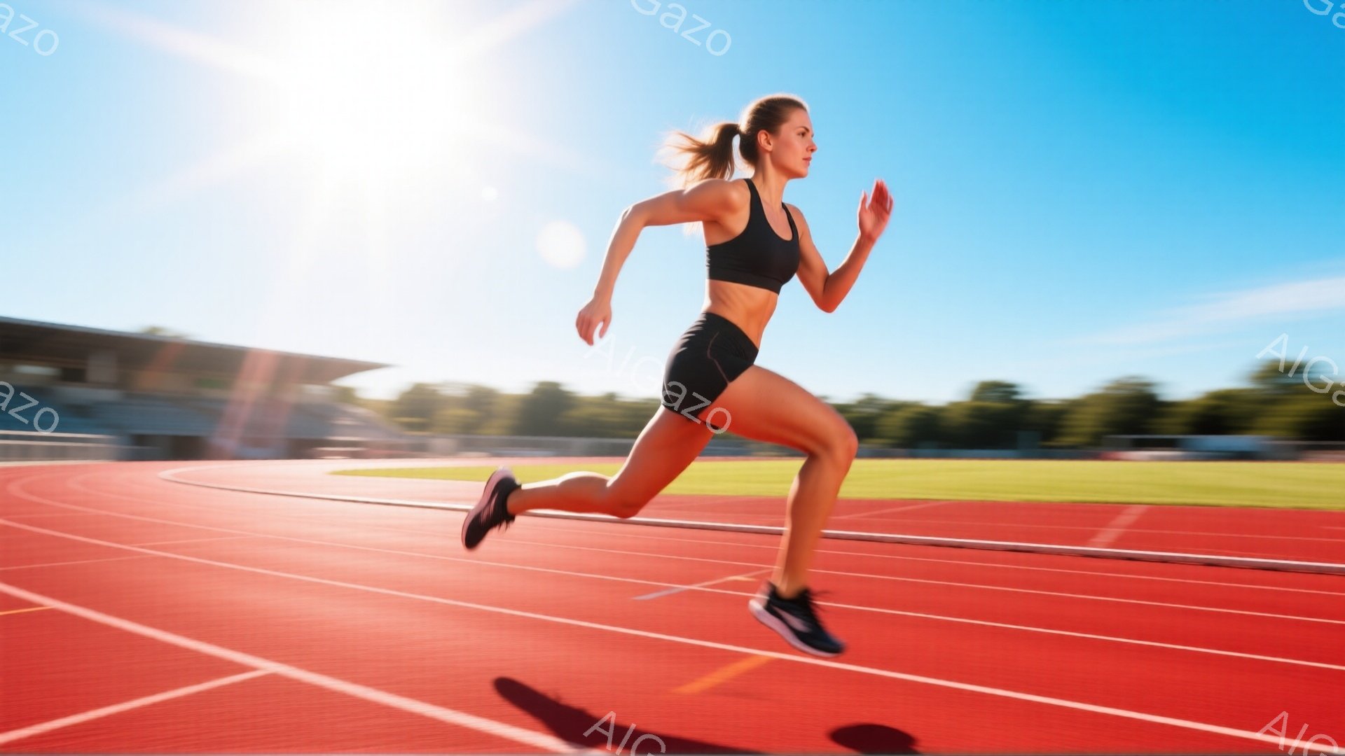 競技場の赤いトラックで、女性ランナーが勢いよく走り出している。彼女は黒いスポーツブラとショートパンツを着用し、髪は後ろでポニーテールにまとめられている。背景には観客席と緑の木々が見え、晴天の下、ダイナミックな運動の雰囲気が漂っている。