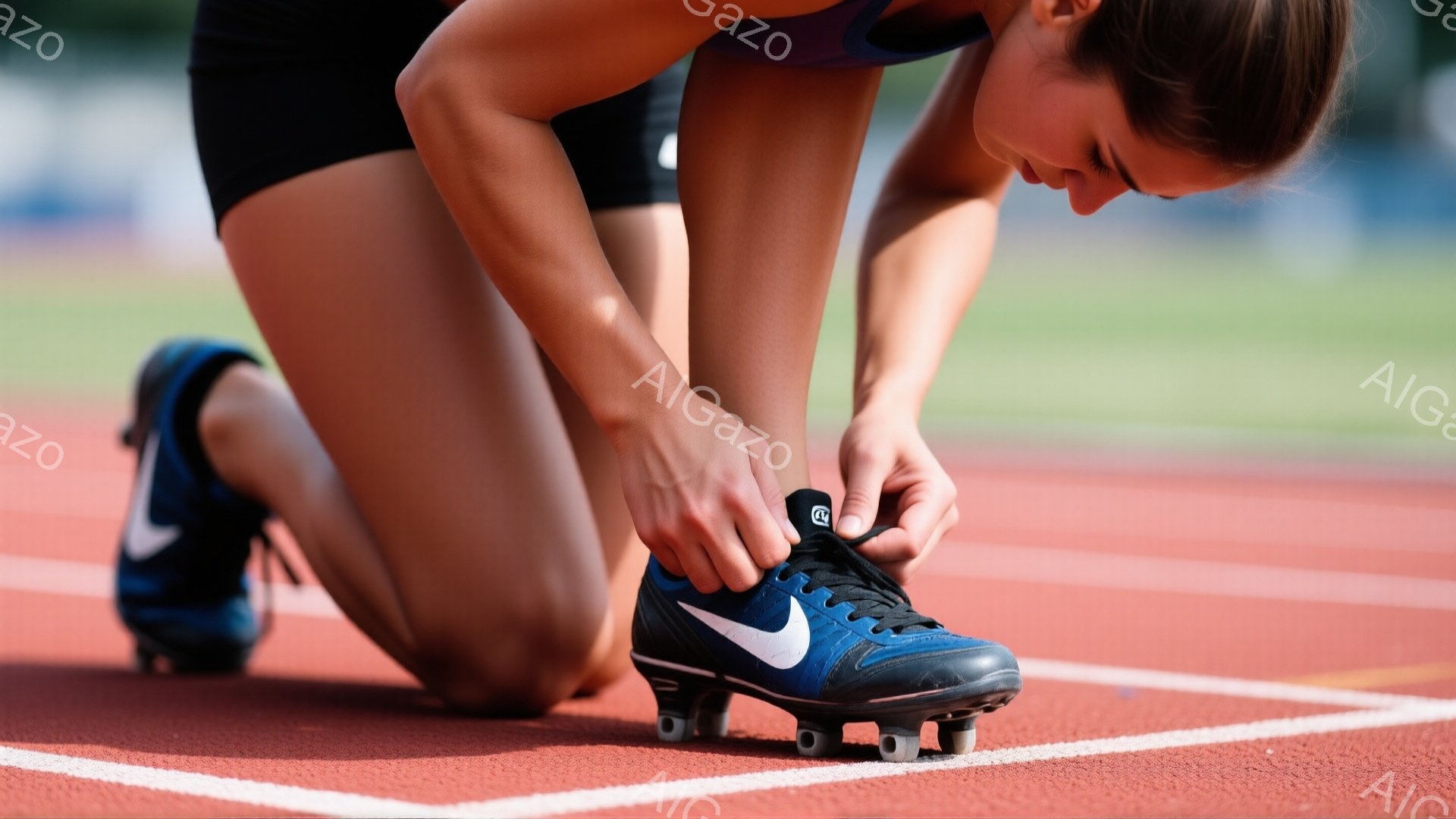 一人の女性が赤い陸上トラック上でスパイクシューズの靴紐を結んでいます。彼女は黒いショーツとタンクトップを着ており、髪は後ろでポニーテールにまとめられています。背景には緑の芝生と遠くの建物が見え、晴れた日の練習風景が伝わってきます。