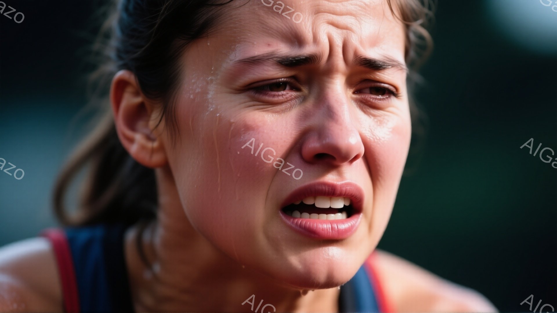 汗と涙で濡れた女性の顔がアップで捉えられており、激しい運動や感情の高ぶりを示している。彼女はピンクと青のスポーツウェアを着ており、髪は後ろでまとめて、強い意志と疲労をあらわにしている。背景は緑色のぼやけたフィールドで、緊張感と情熱的な雰囲気が伝わってくる。