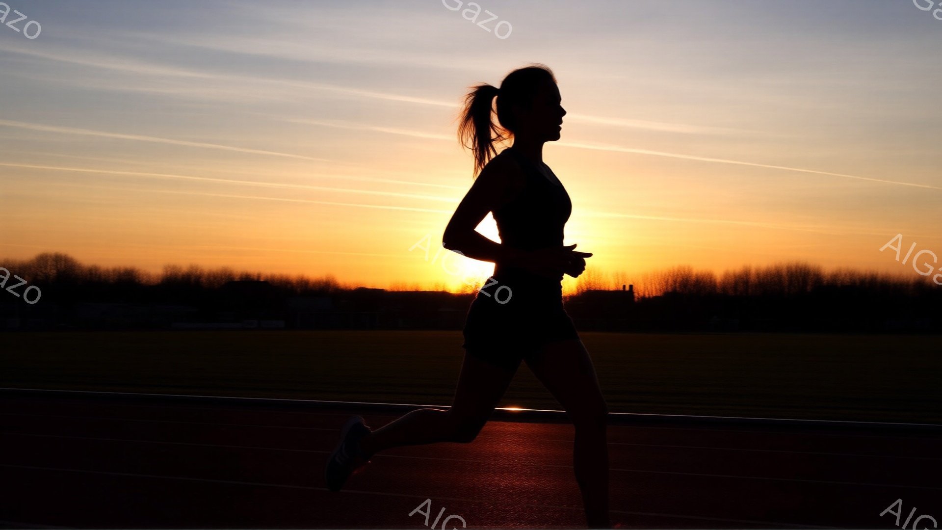 競技場のトラックを走る女性のシルエットが印象的な画像です。彼女は短いランニングショーツとタンクトップ姿で、後ろでポニーテールにしています。背景は夕焼けでオレンジと黄色のグラデーションが美しく、遠くには木々が見え、静かで力強い雰囲気を醸し出しています。