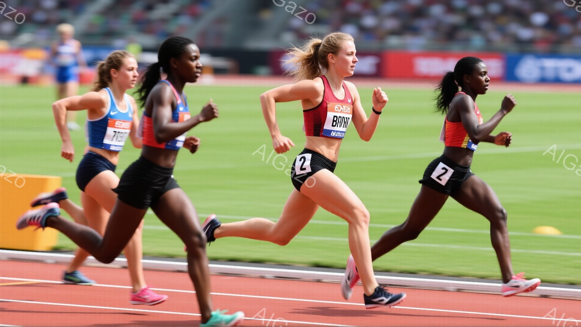 競技場で陸上競技をする女性ランナー3人が写っている。彼女たちはそれぞれ異なる色の陸上競技ウェアを身に着け、髪はポニーテールまたは三つ編みにされている。背景には観客席や緑の植生が見え、晴天のもとで活気のある競技が行われている様子がうかがえる。