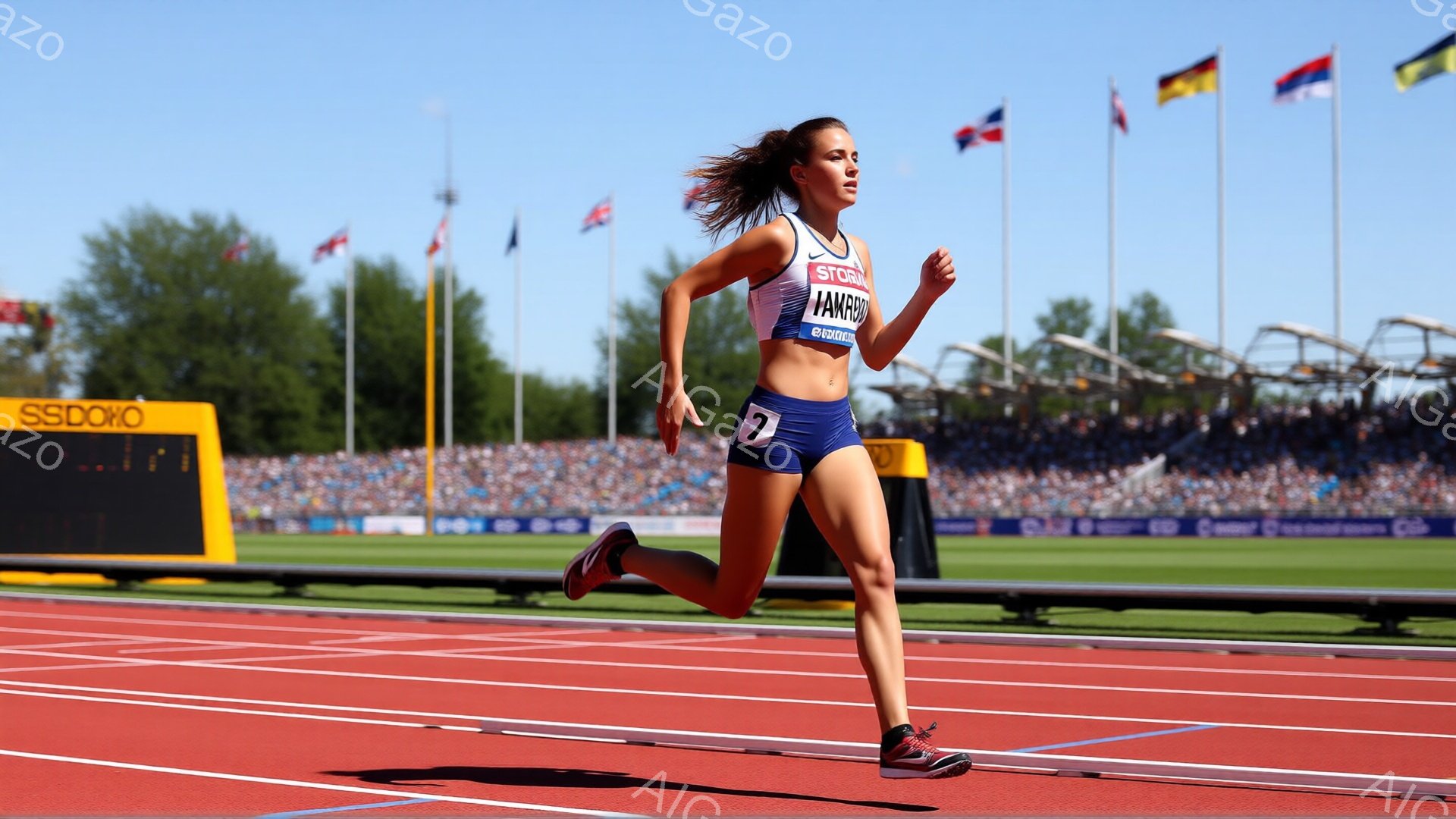 競技場を走る女性アスリートが写っている。彼女は赤いシャツと紺色のショートパンツを着用し、髪をポニーテールにしている。背景には観客席と旗、そして晴れた空が広がり、競技場の熱気と活気が伝わってくる。