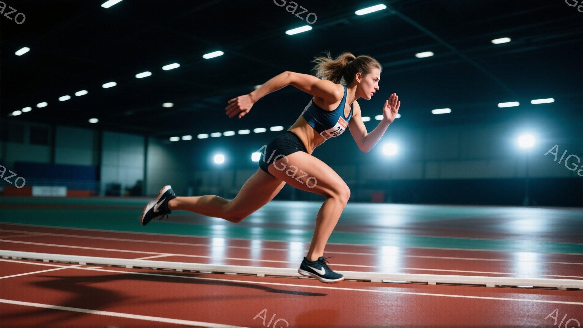 この画像は、屋内競技場で走る女性アスリートを捉えています。彼女は黒いスポーツブラとショーツ、そしてスニーカーを着用し、髪は高い位置でポニーテールに結ばれています。集中した表情で、前傾姿勢で力強く走っており、競技場の赤いトラックが彼女の動きを際立たせています。