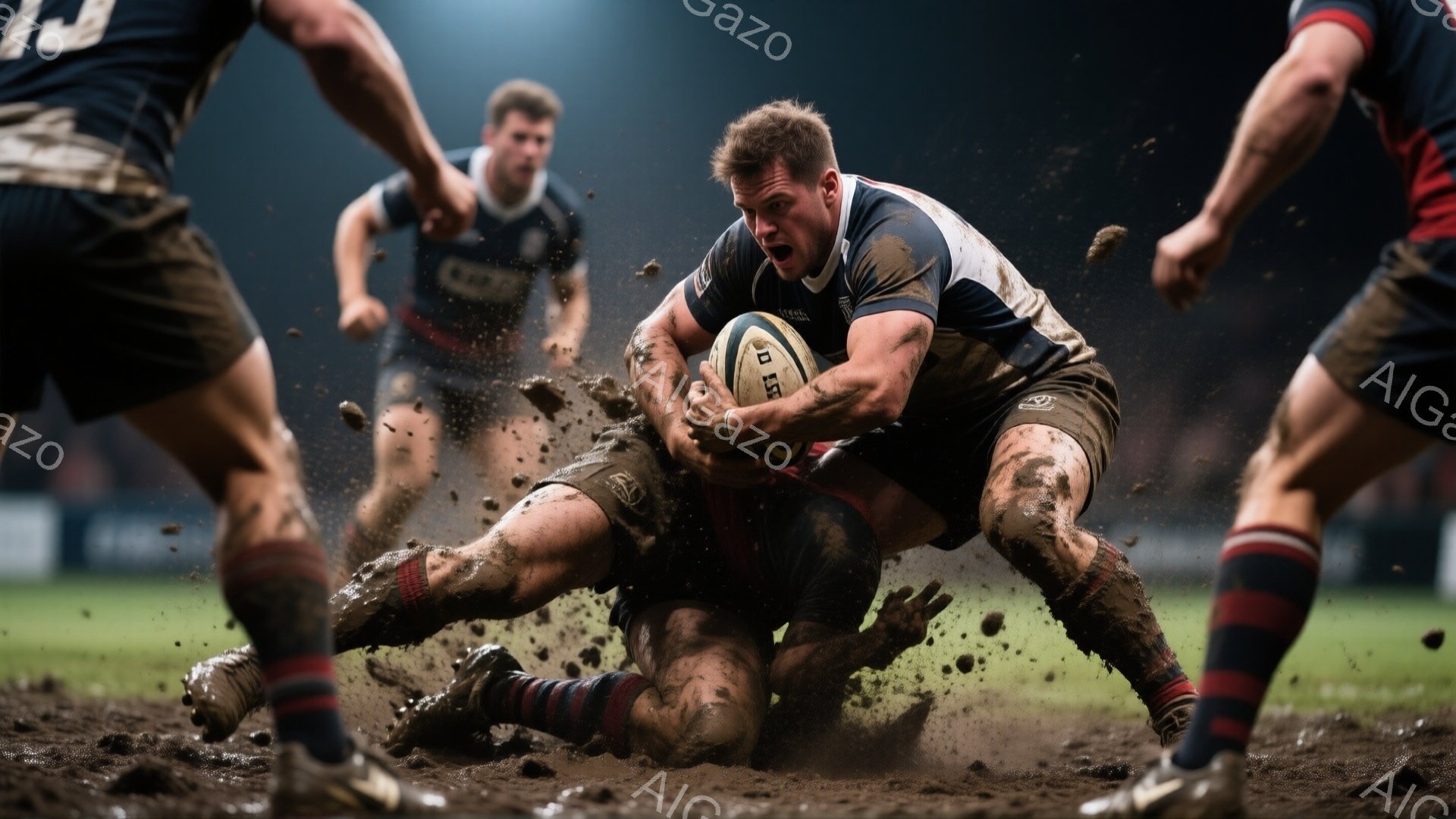 ラグビーの試合中の激しいシーンで、泥まみれの選手がボールを持って突進している様子が写っている。選手たちは濃い紺色のユニフォームと赤いソックスを着用し、激しい表情で相手選手にタックルされている。背景は緑色の芝生とぼやけた観客席で、雨上がりのぬかるんだグラウンドが試合の激しさを強調している。