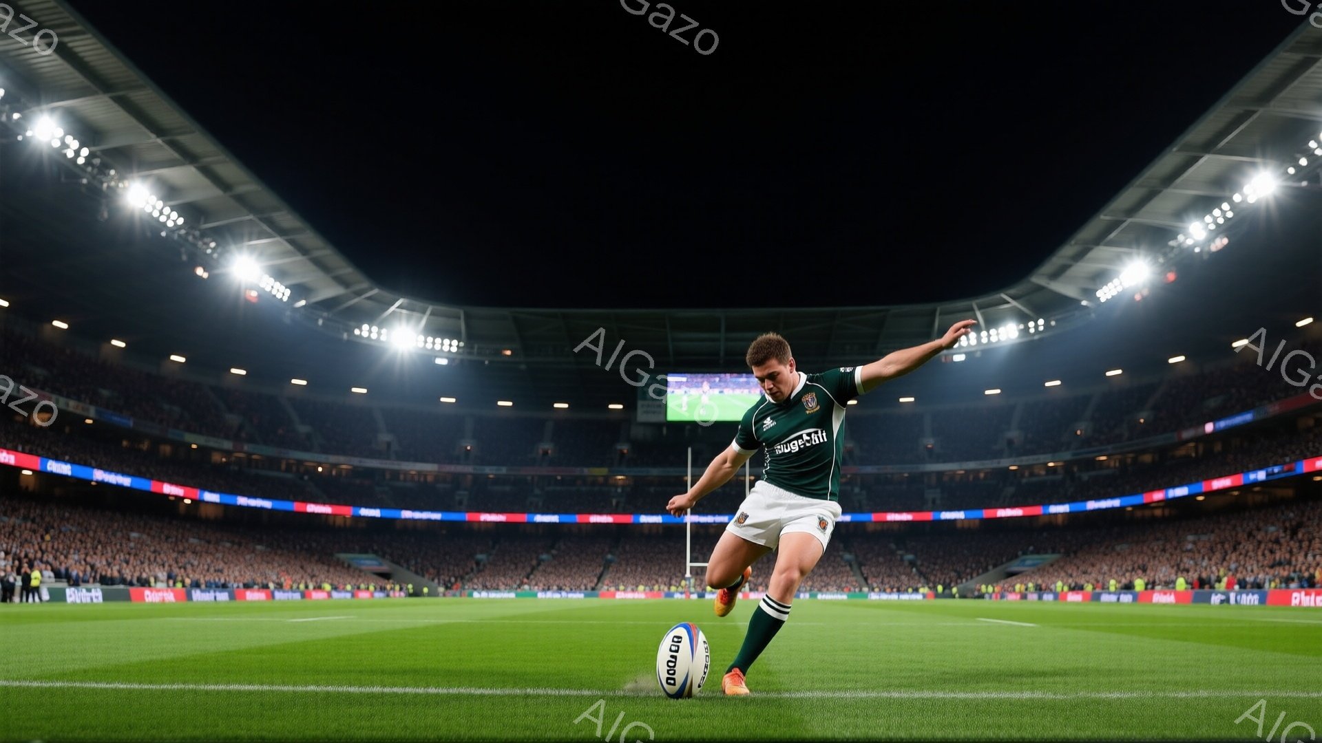 緑色のラグビーユニフォームを着た選手が、満員の観客席を背景に、ボールを蹴り出す瞬間を捉えた写真です。選手は金髪で、集中した表情で片足で体を支えながら、ボールに力を込めて蹴り出しています。スタジアムの照明が明るく、観客席には多くの人々がいます。