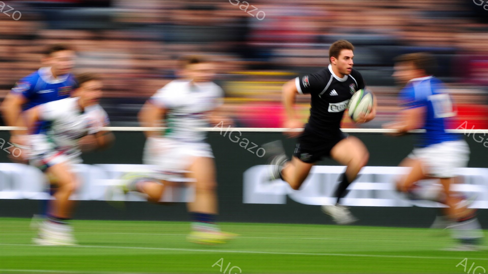 黒いラグビーユニフォームを着た選手が、緑色の芝生の上をボールを持って走り、動きの速さが伝わってくる。背景には、ぼやけた青いユニフォームを着た選手たちがおり、観客席が見えることから、試合の最中であることがわかる。全体的に、激しい運動と競技の興奮が感じられる瞬間を捉えた写真である。