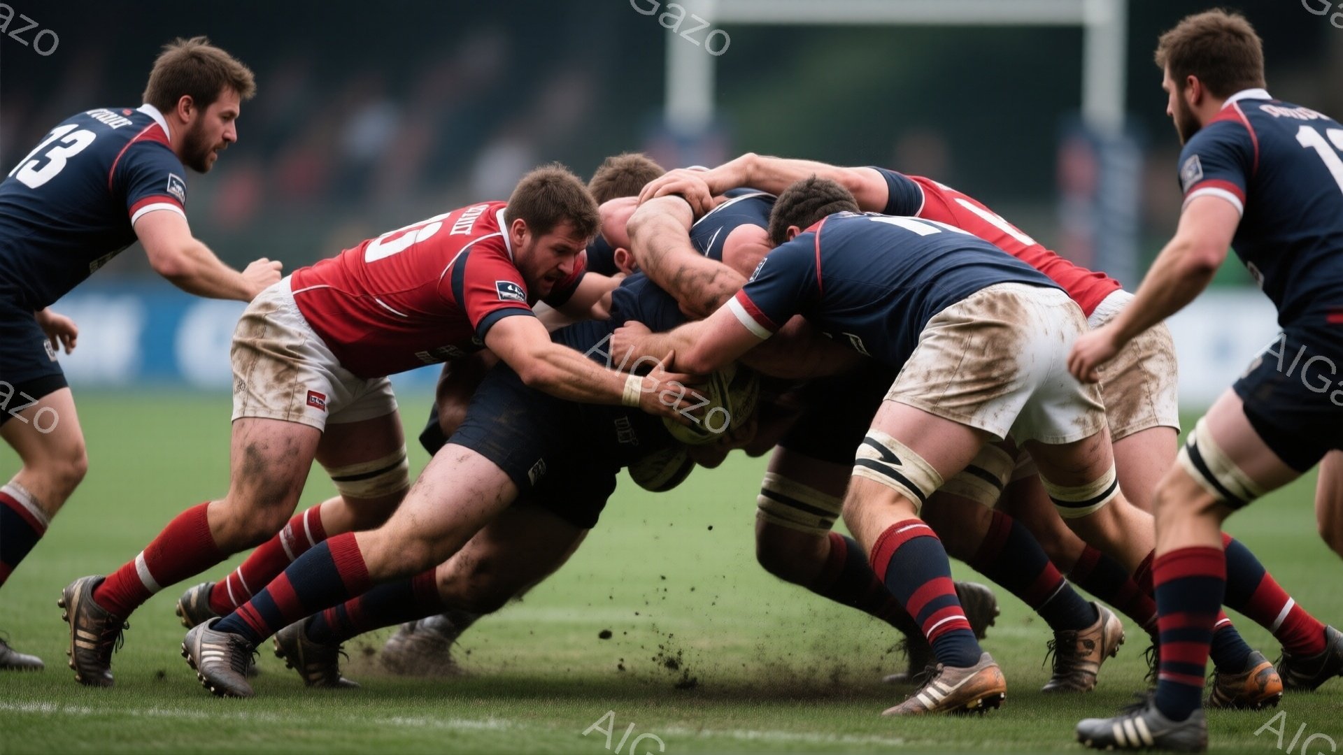 ラグビーのスクラムが激しいプレーの最中である。選手たちは赤と紺色のストライプのユニフォームと黒いショーツを着用し、泥だらけの芝生の上で密集して押し合っている。背景には緑の芝生とぼやけた観客席が見え、試合の激しい雰囲気が伝わってくる。