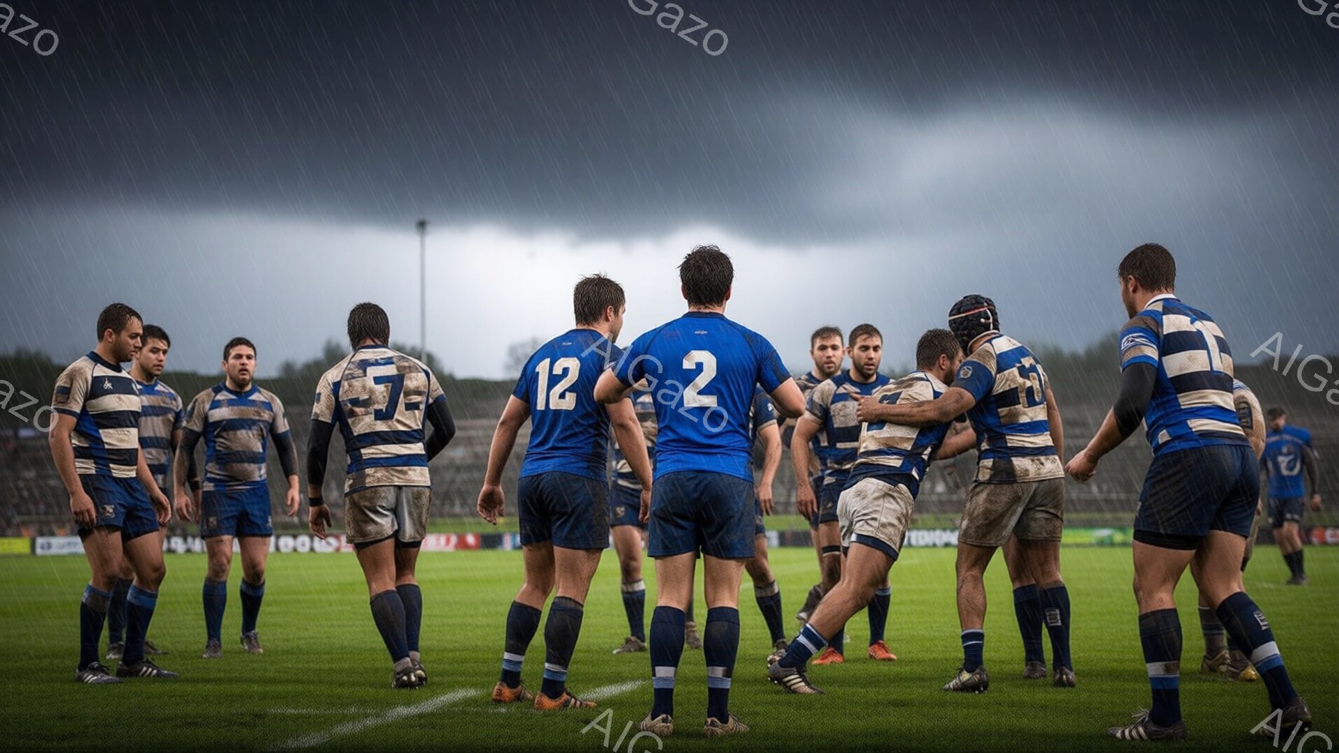 ラグビーの選手たちが雨中の緑のフィールドに集まっている様子が写されている。彼らは青と白のストライプのユニフォームと黒のショーツを着用し、泥で汚れている。背景には観客席と灰色の曇り空が広がり、全体的に激しい試合の直前、または試合中の緊張感のある雰囲気が漂っている。