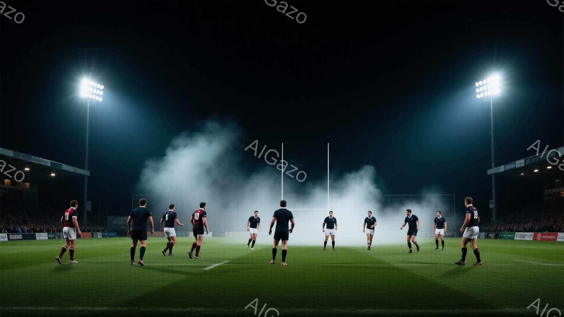 濃い霧が立ち込めるサッカー（ラグビー？）の競技場に、紺色のユニフォームを着た複数の選手たちが一列に並んで立っている。彼らは皆、後ろを向いており、表情ははっきりと見えないが、集中した雰囲気が伝わってくる。競技場の観客席は薄暗く、高架された照明がフィールドを照らし、ドラマチックな雰囲気を醸し出している。
