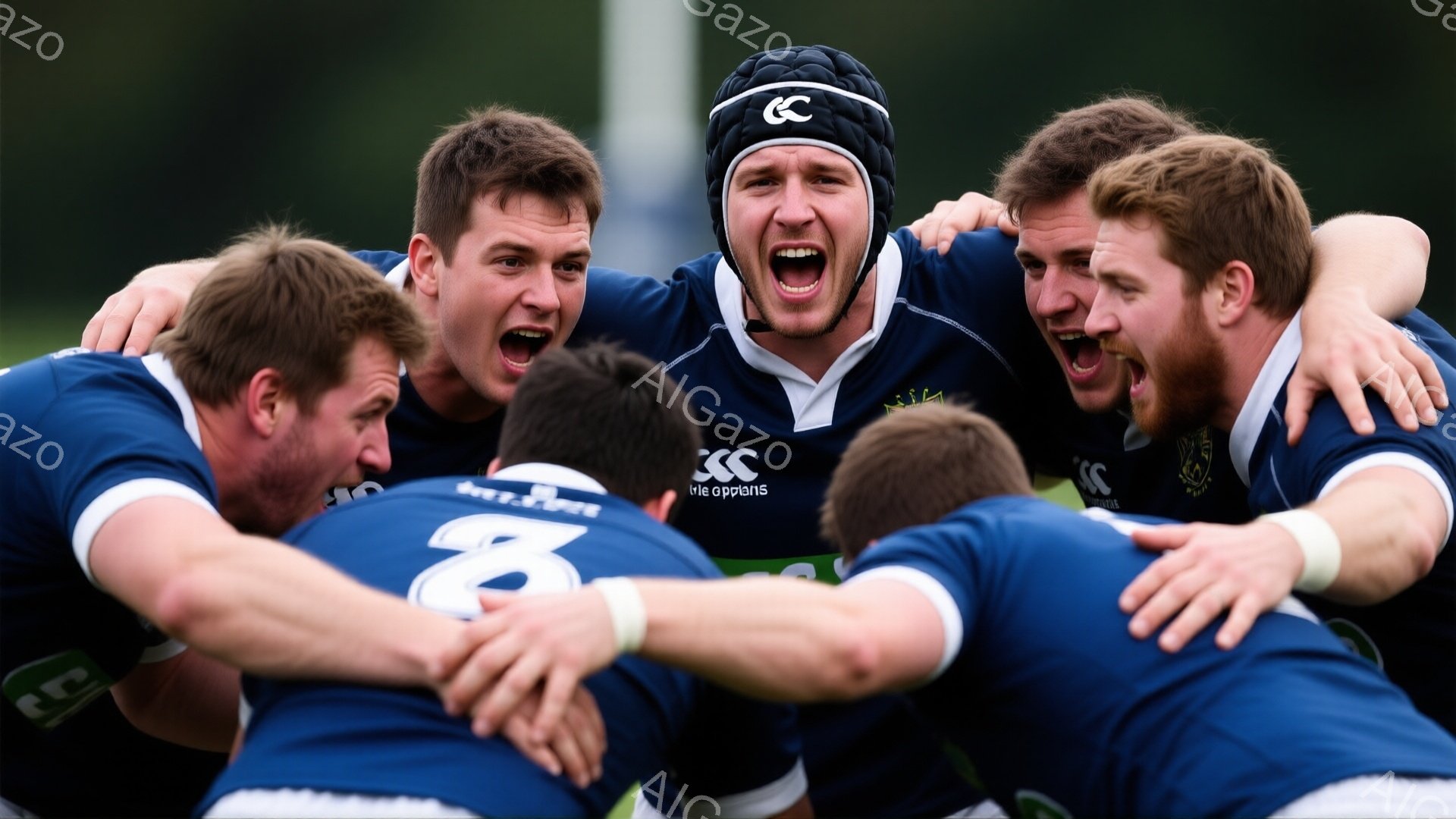 複数のラグビー選手が密集し、激しい表情で叫んでいる様子が捉えられています。彼らは紺色のジャージを着用し、髪型は短髪で、顎髭を生やした選手もいます。背景は緑の芝生とぼやけた木々で、天候は曇りのようです。