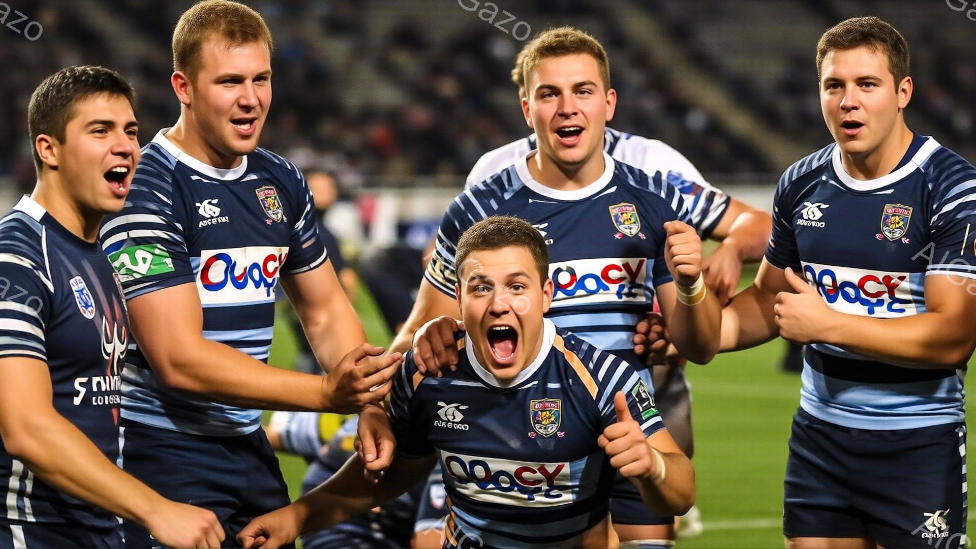 紺色のラグビーユニフォームを着た若い男性たちが、勝利を喜んで腕を高く上げ、興奮した表情で叫んでいる。彼らは短髪で、筋肉質で引き締まった体格をしており、顔には喜びと情熱が溢れている。背景は暗く、おそらく夜間の試合会場で、芝生とぼやけた観客席が見える。