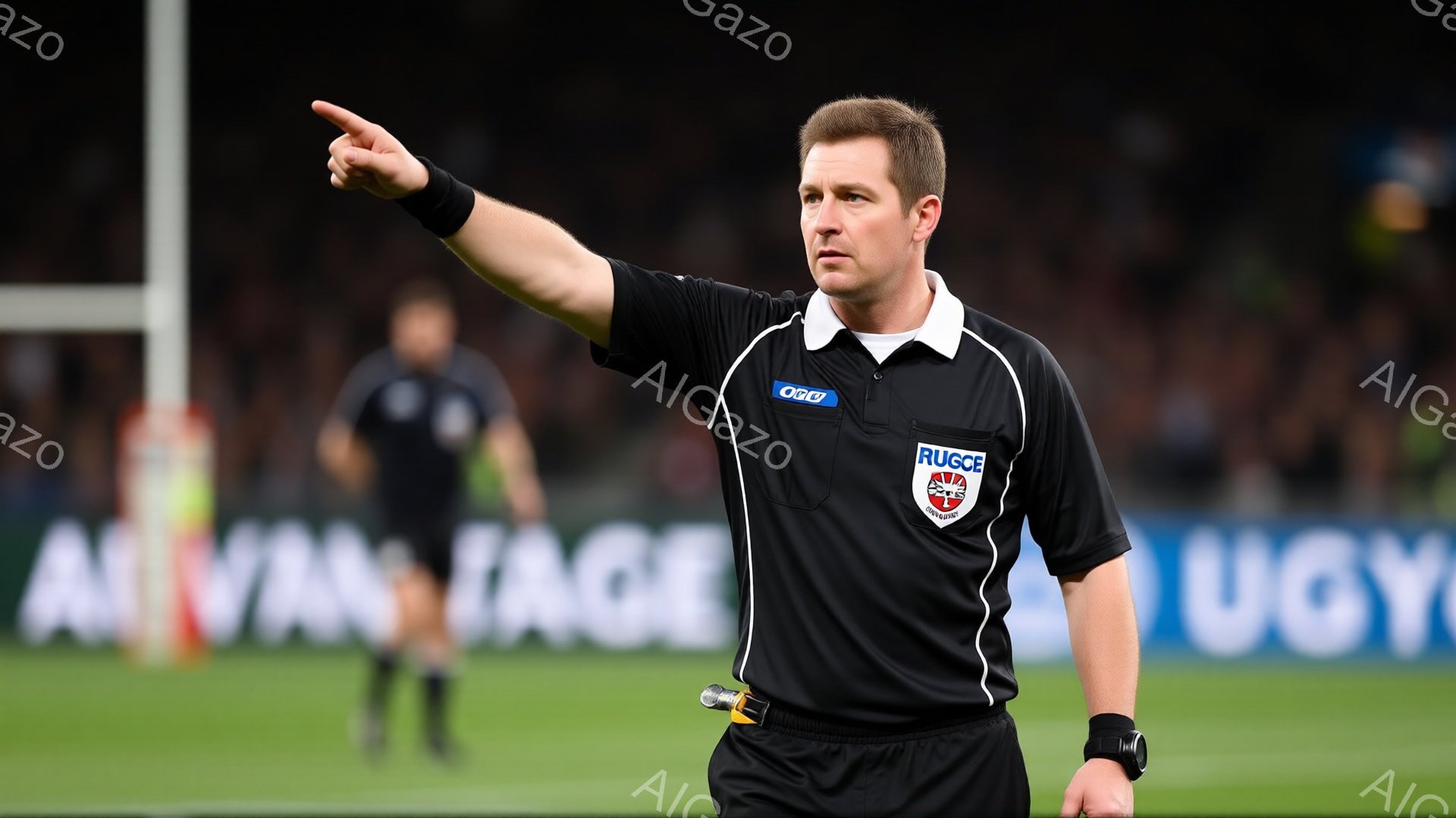 審判員と思われる男性が、緑色の芝生の上で片腕を高く上げ、何かを指し示しています。彼は黒いシャツに短パンを着用し、髪は短く刈り込まれています。背景には、ぼやけた観客席と広告が見え、競技場のような場所であることがわかります。