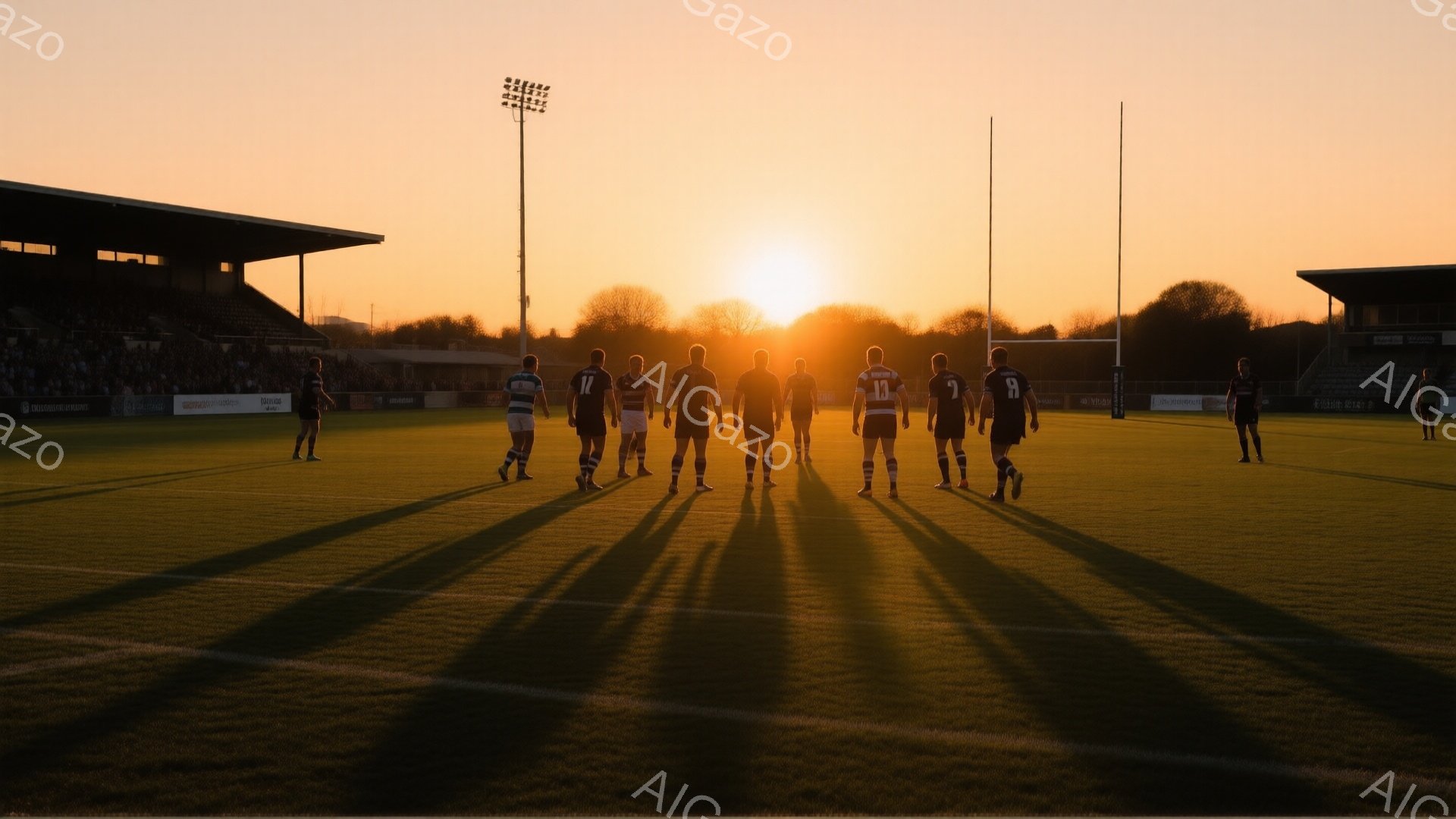 ラグビーの試合前の選手たちが、緑の芝生グラウンドに一列に並んでいます。夕焼けの光がグラウンド全体をオレンジ色に染め、選手たちの影を長く伸ばしています。背景には観客席と建物が見え、穏やかで荘厳な雰囲気を醸し出しています。
