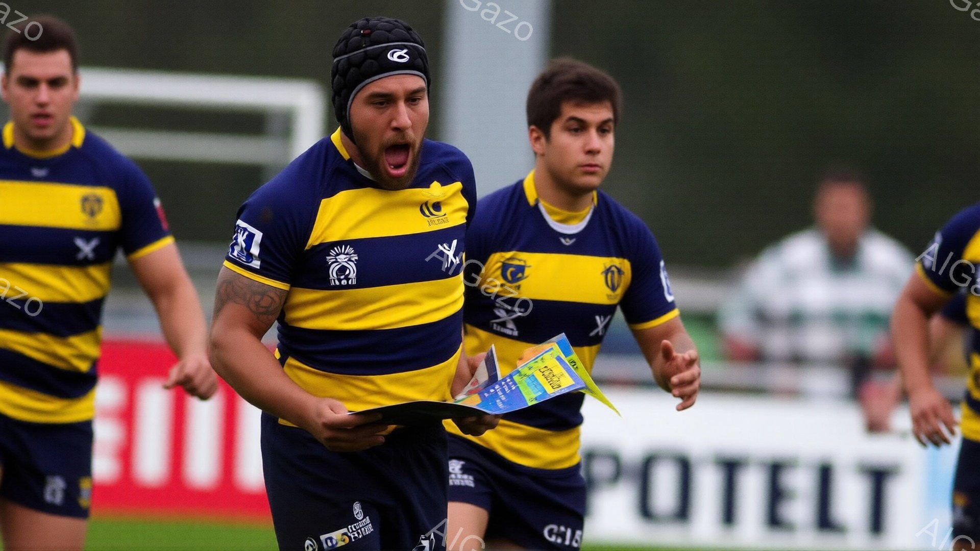 ラグビー選手が緑の芝生の上で喜びの表情を浮かべながら走っている。紺色と黄色のストライプのユニフォームを着用し、黒いヘッドギアを被っている。背景には他の選手とぼやけた建物が見え、晴天の下での試合の熱気が伝わってくる。