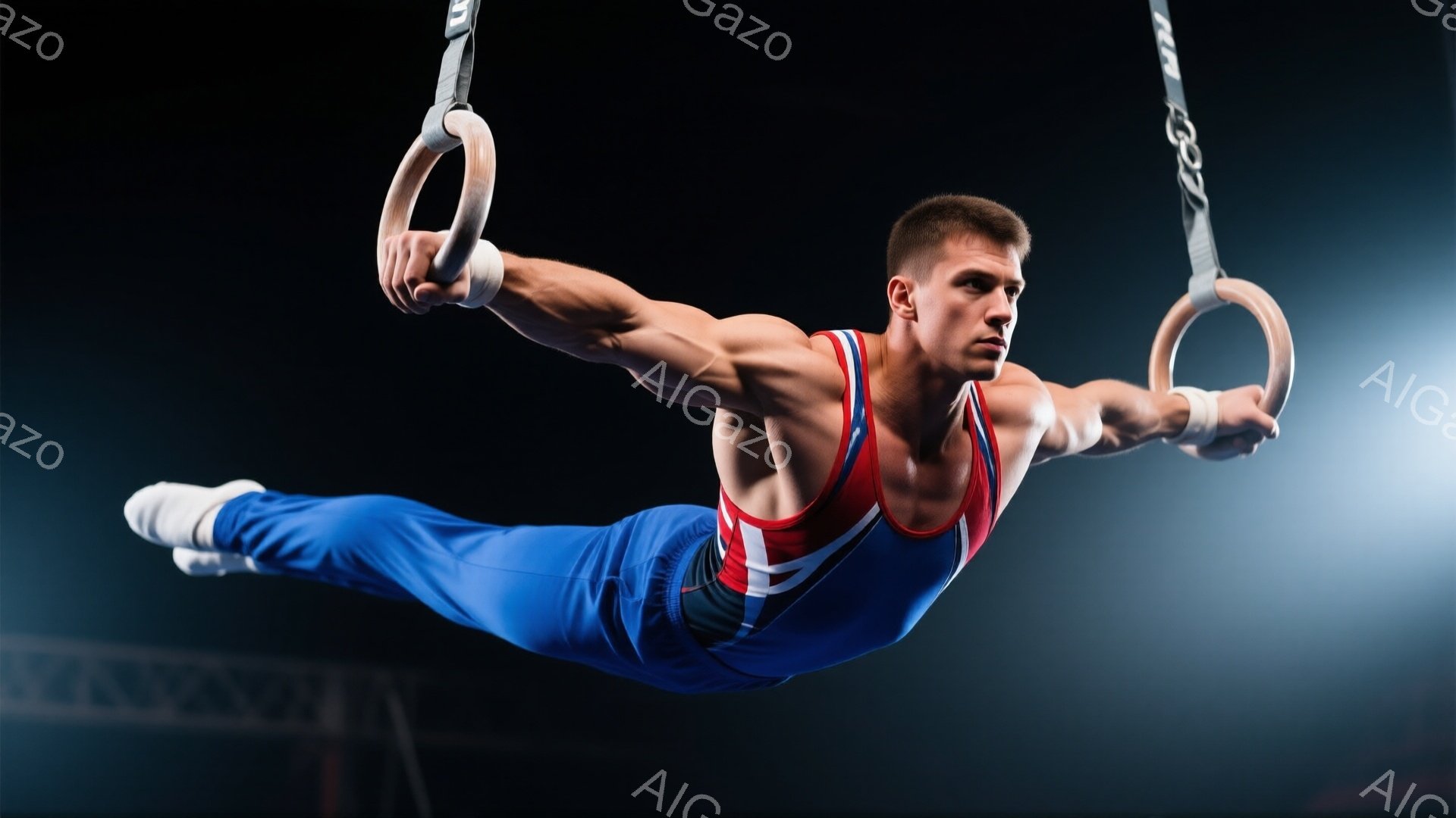 青い体操着を着た男性が、空中でリングにぶら下がっている様子が写っています。彼は腕を広げ、体をまっすぐに伸ばしており、強い集中力と決意が表情から読み取れます。背景は暗く、スポットライトが彼を照らし出し、競技場の雰囲気を強調しています。