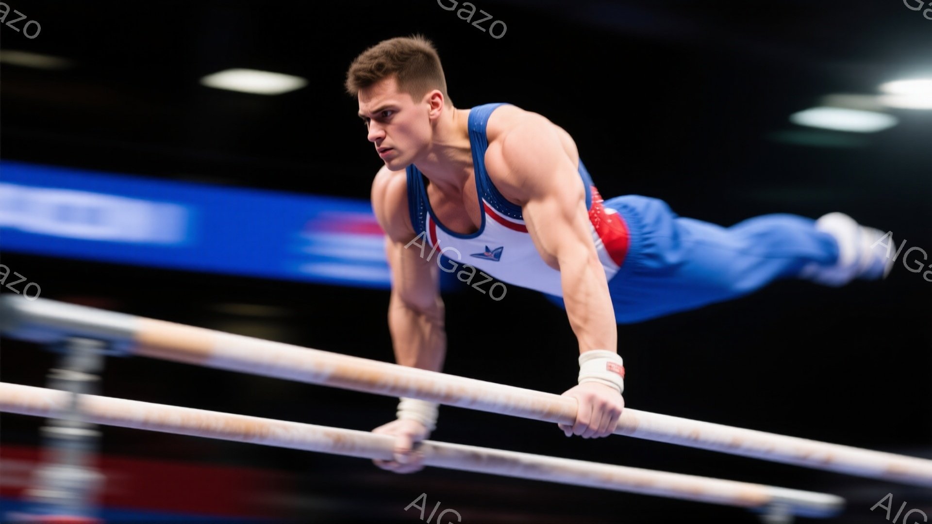 青い体操競技用レオタードを着用した男性が、平行棒の上で体を伸ばして競技を行っています。彼は短髪で、集中した表情で前方に視線を向けています。背景は暗く、競技会場の照明がわずかに見え、競技に集中した緊迫感のある雰囲気が漂っています。