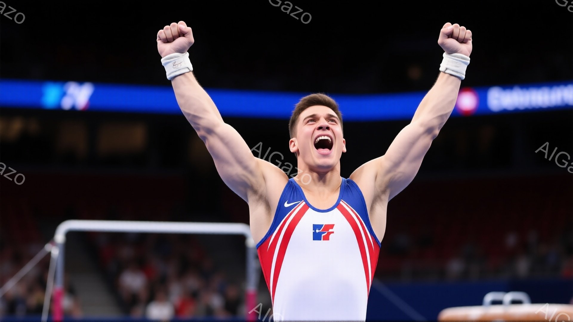 この画像には、体操競技者が勝利を喜んでいる様子が写っています。彼は青と赤のラインが入った白い体操着を身に着け、髪は短く整えられています。競技後、両手を高く上げ、満面の笑みを浮かべ、興奮と達成感に満ちた表情をしています。