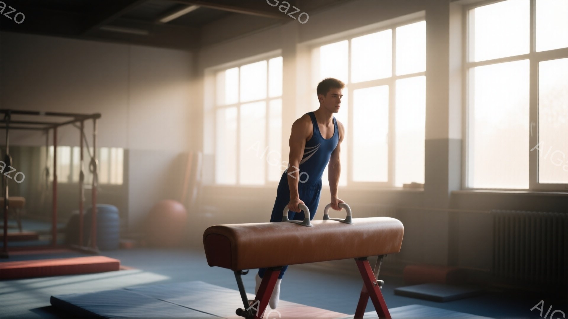 男子は水色の体操着を着て、頭髪は短く刈り上げられています。彼は体操の跳馬の上で腕を伸ばし、体をまっすぐに保ちながら、次の動作の準備をしているように見えます。背景には、体操用具やマットが置かれた体育館があり、窓から差し込む光が埃っぽい空気の中に漂い、静かで集中した雰囲気を醸し出しています。