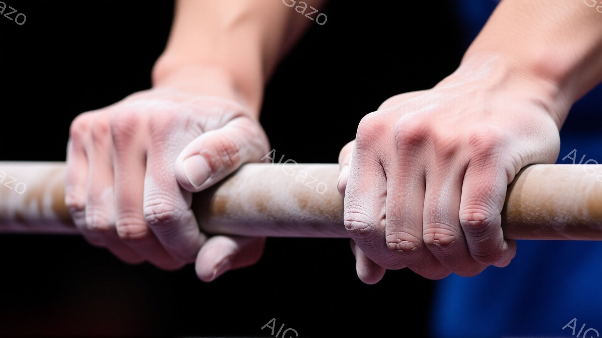 この画像は、体操競技の平行棒に手をかけている様子を捉えています。手には白いチョークが塗られ、しっかりとバーを握りしめている様子から、競技への集中と緊張感が伝わってきます。背景は暗く、手とバーが際立つ構成となっています。