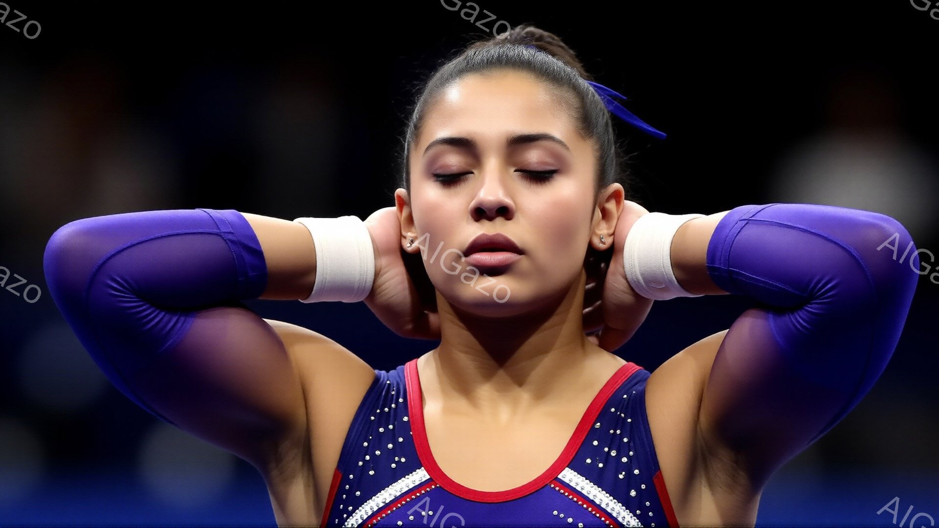 競技者が紫色のレオタードと白のリストバンドを着用し、集中した表情で目を閉じています。両腕は耳に添えられ、競技前の緊張や集中力を高める姿勢をとっています。背景は暗くぼやけており、競技会場内の様子が伺えますが、焦点は競技者に当てられています。