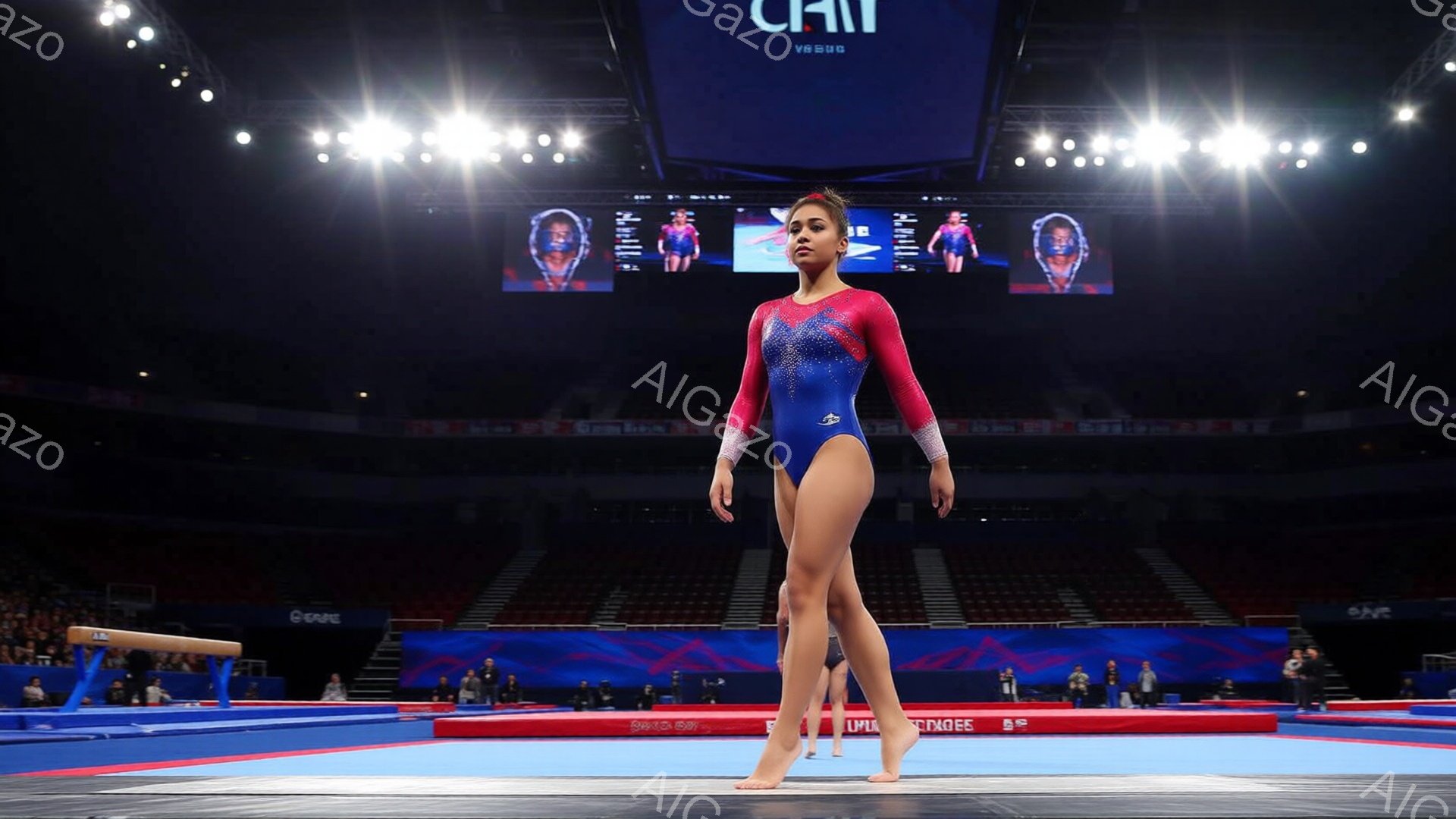 体操競技場の青いマットの上に、レオタード姿の女性体操選手が立っている。彼女は濃い青色のレオタードを身につけ、髪をきっちりとまとめ、真剣な表情で前方を見据えている。背景には、観客席や照明、そして巨大なスクリーンが映し出され、競技場の活気と緊張感が伝わってくる。